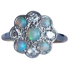 Antique Art Deco 18 Carat Gold and Platinum Opal and Diamond Panel Ring