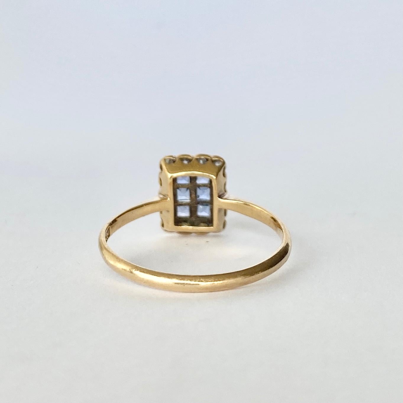 Princess Cut Art Deco 18 Carat Gold and Platinum Sapphire and Diamond Panel Ring For Sale