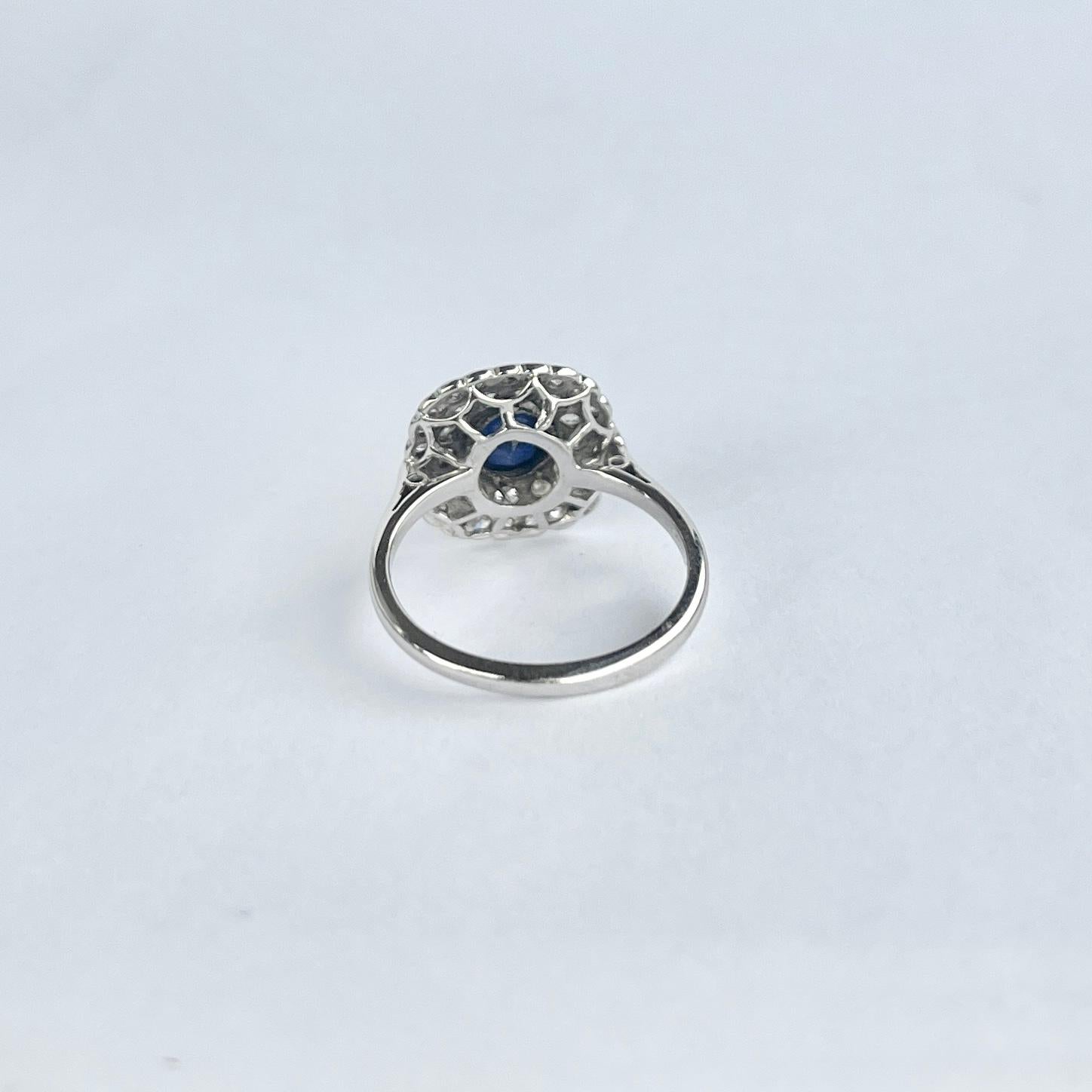 Women's or Men's Art Deco 18 Carat Gold and Platinum Sapphire and Diamond Panel Ring For Sale