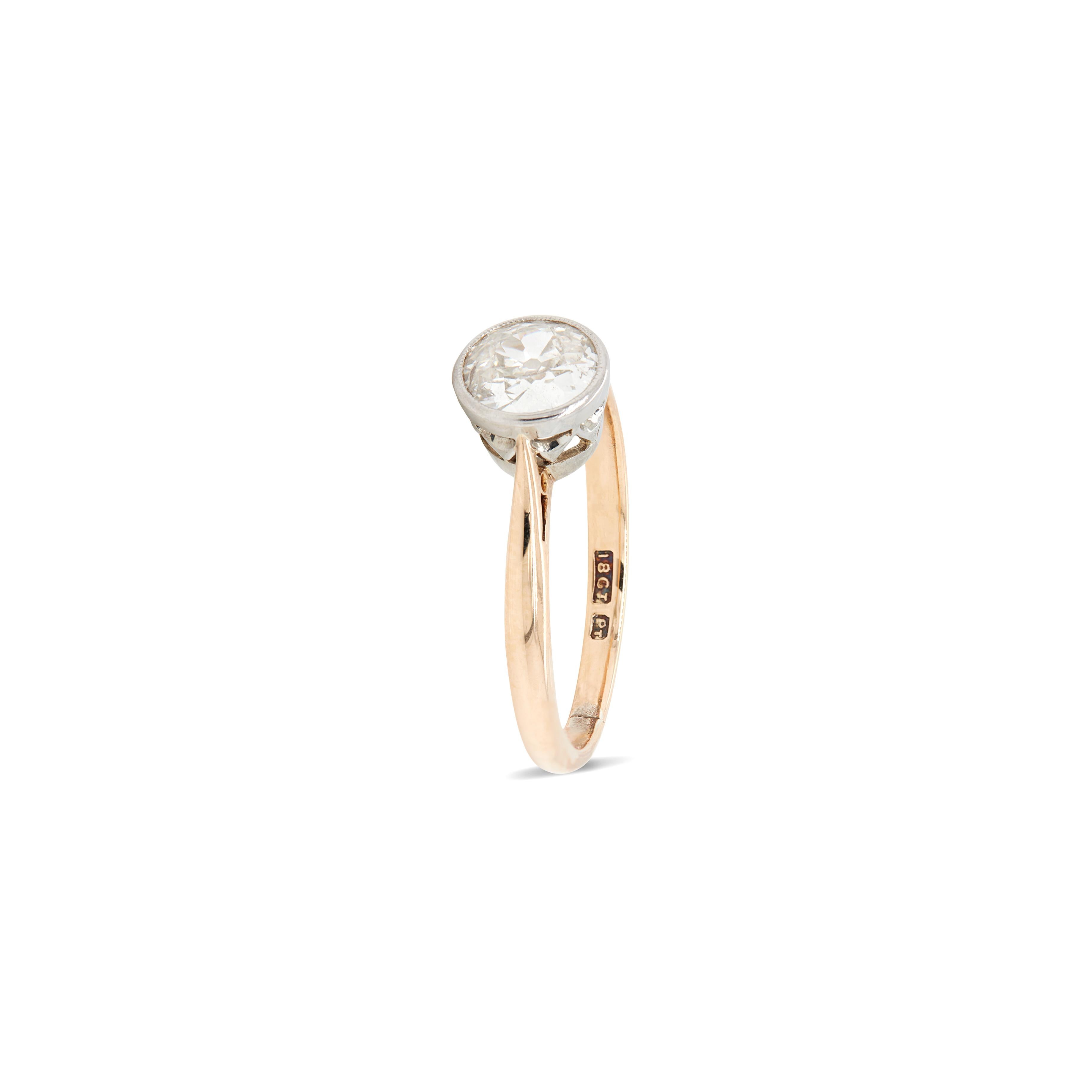 Old European Cut Art Deco 18 Carat Gold and Platinum Solitaire Diamond Ring in Rub-Over Setting For Sale
