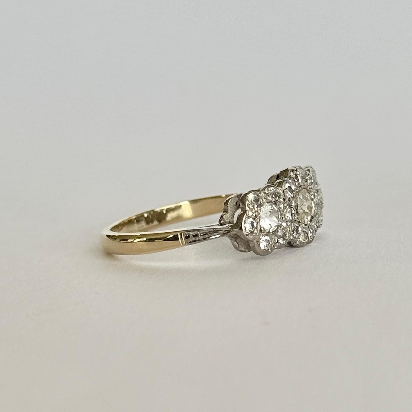 Old European Cut Art Deco 18 Carat Gold and Platinum Triple Cluster Diamond Ring For Sale