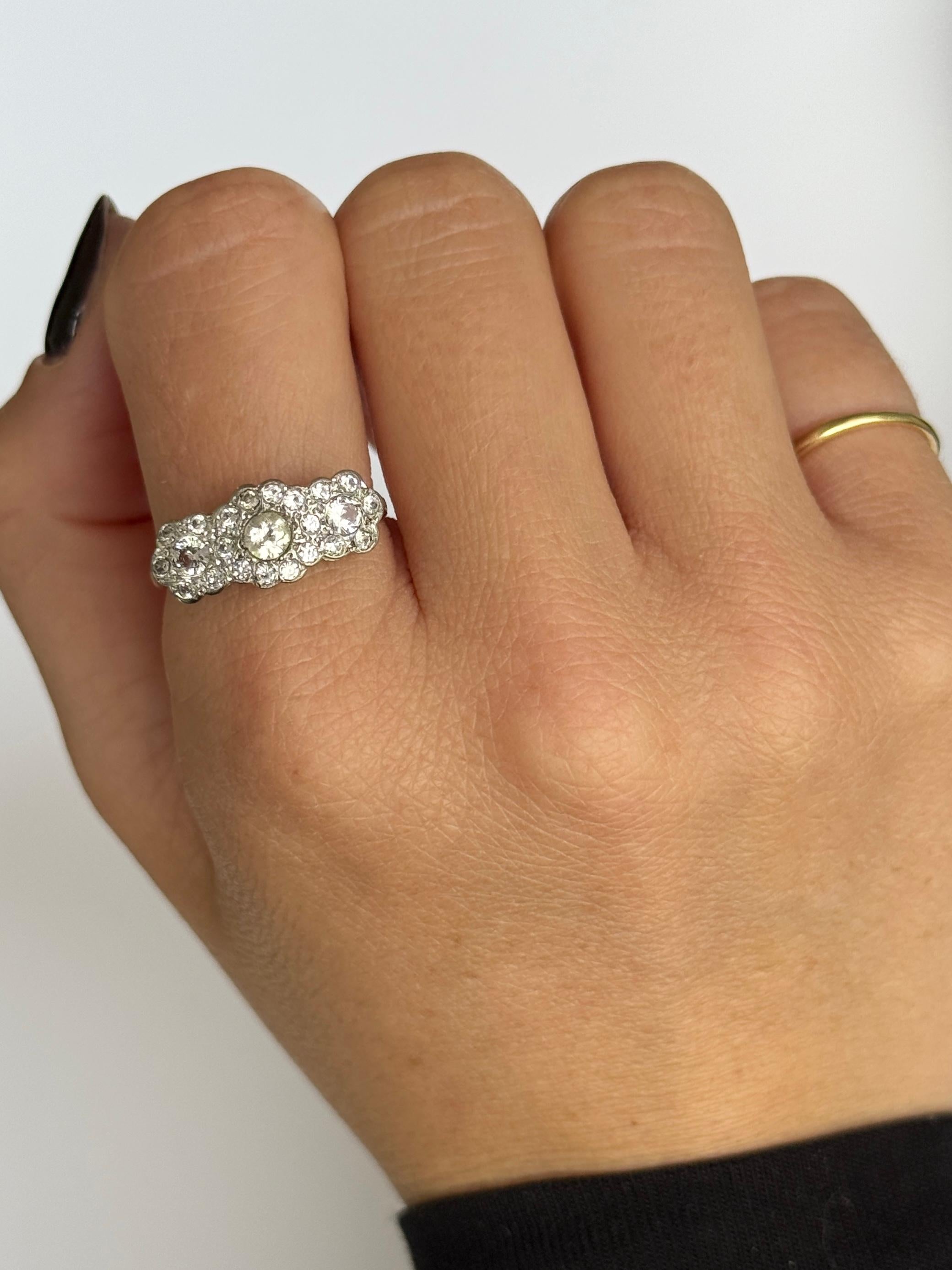 Art Deco 18 Carat Gold and Platinum Triple Cluster Diamond Ring In Good Condition For Sale In Chipping Campden, GB