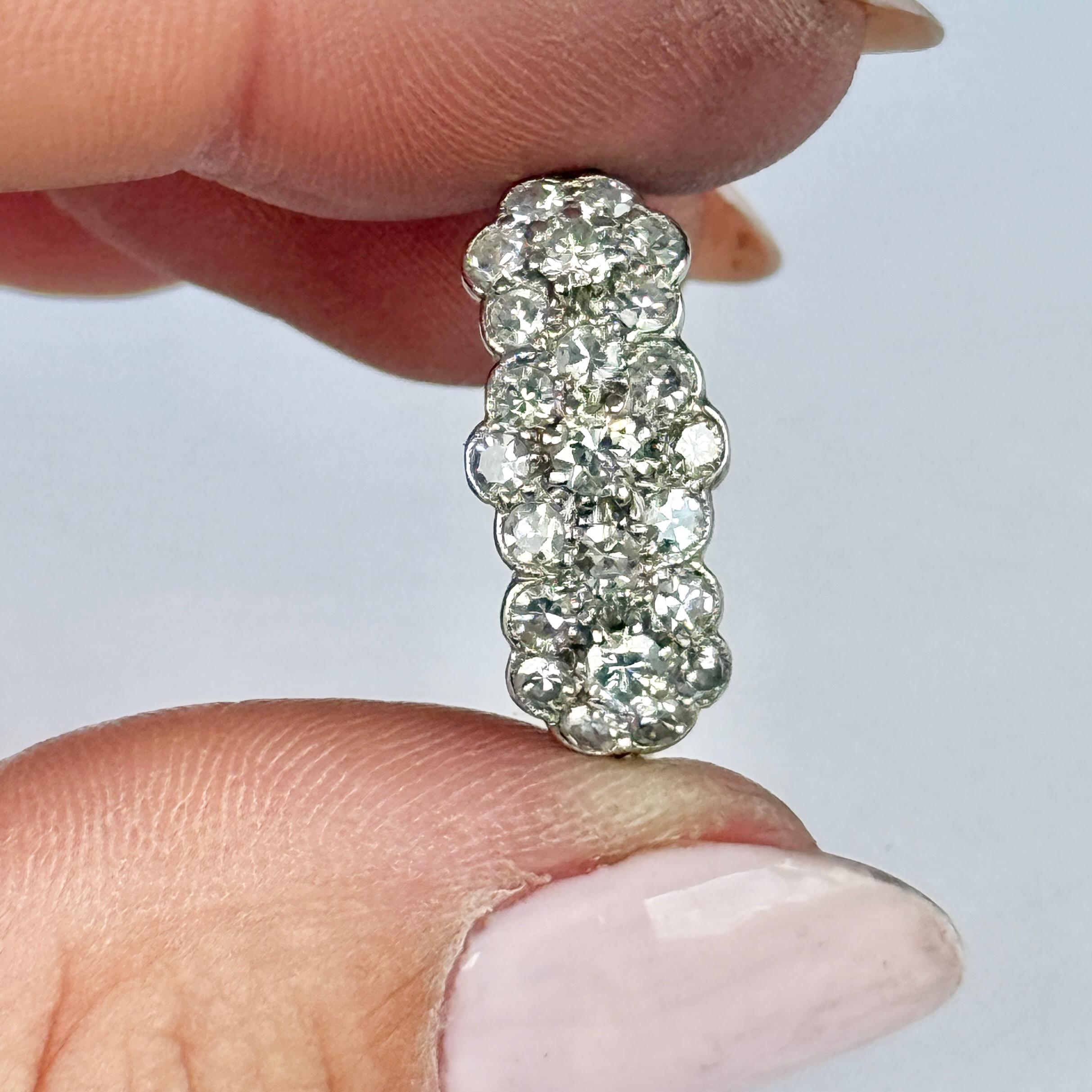 Art Deco 18 Carat Gold and Platinum Triple Cluster Diamond Ring In Excellent Condition For Sale In Chipping Campden, GB