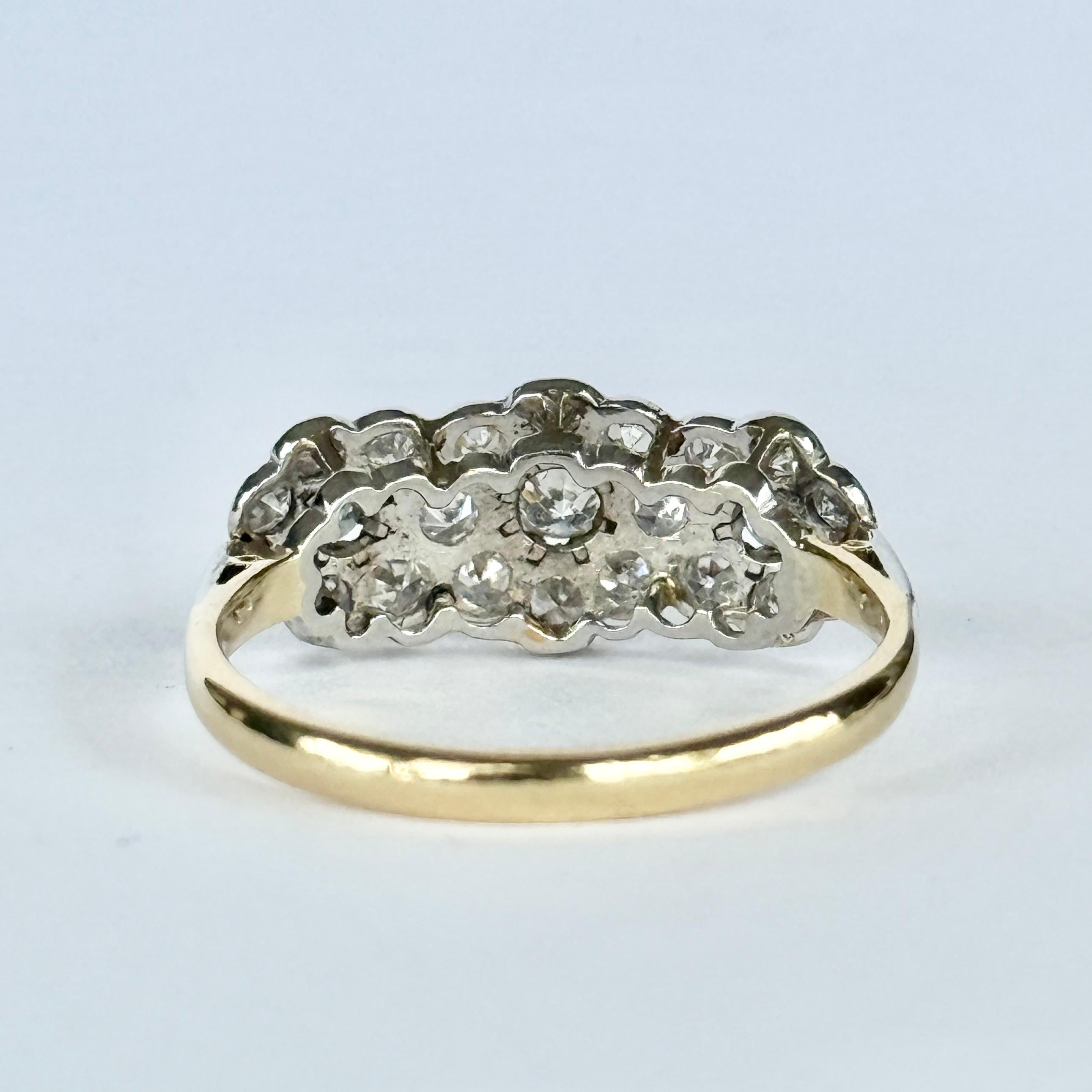 Women's Art Deco 18 Carat Gold and Platinum Triple Cluster Diamond Ring For Sale