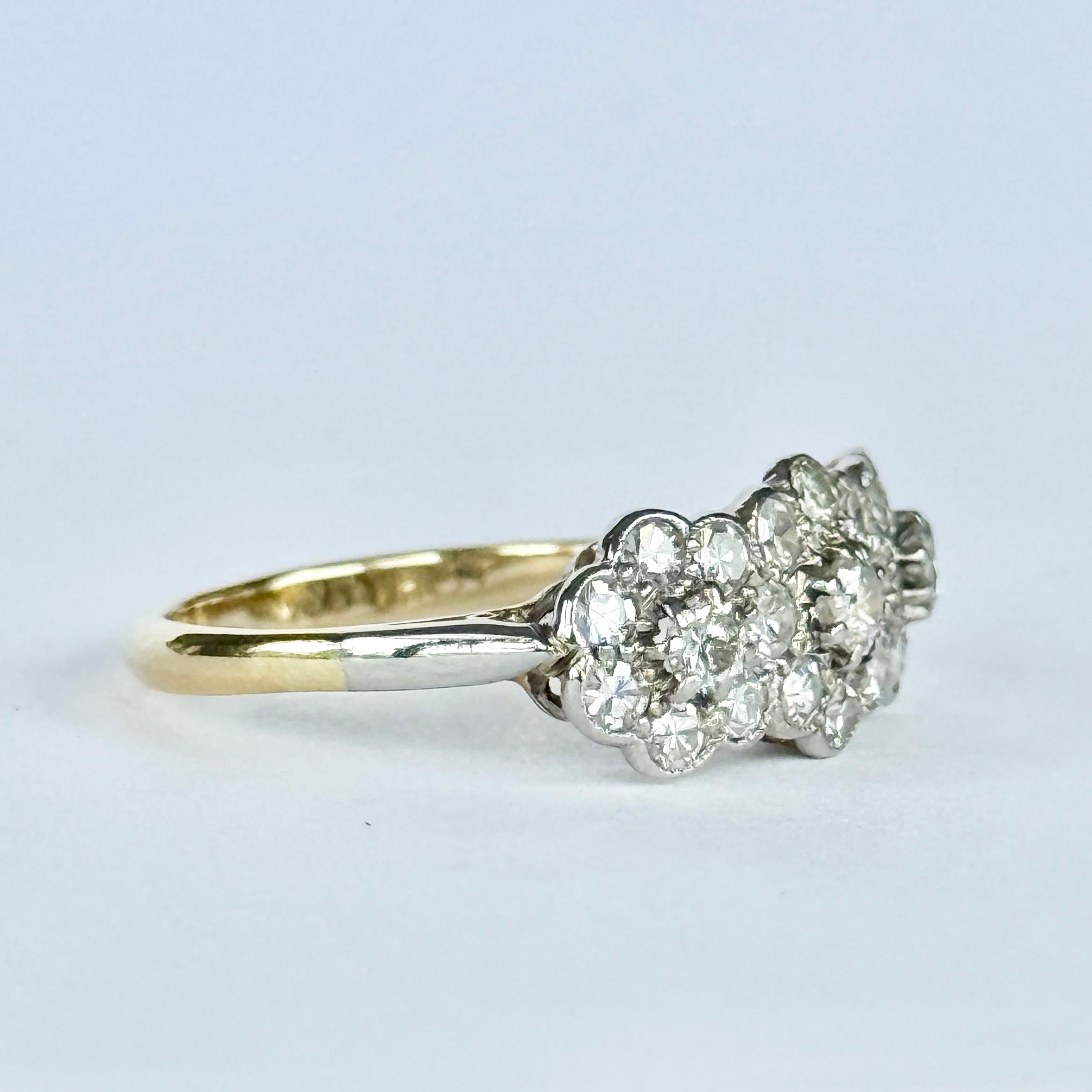 Art Deco 18 Carat Gold and Platinum Triple Cluster Diamond Ring For Sale 1