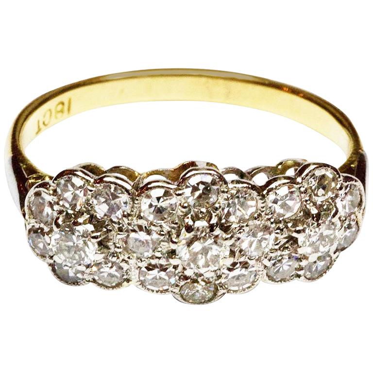 Art Deco 18 Carat Gold and Platinum Triple Cluster Diamond Ring