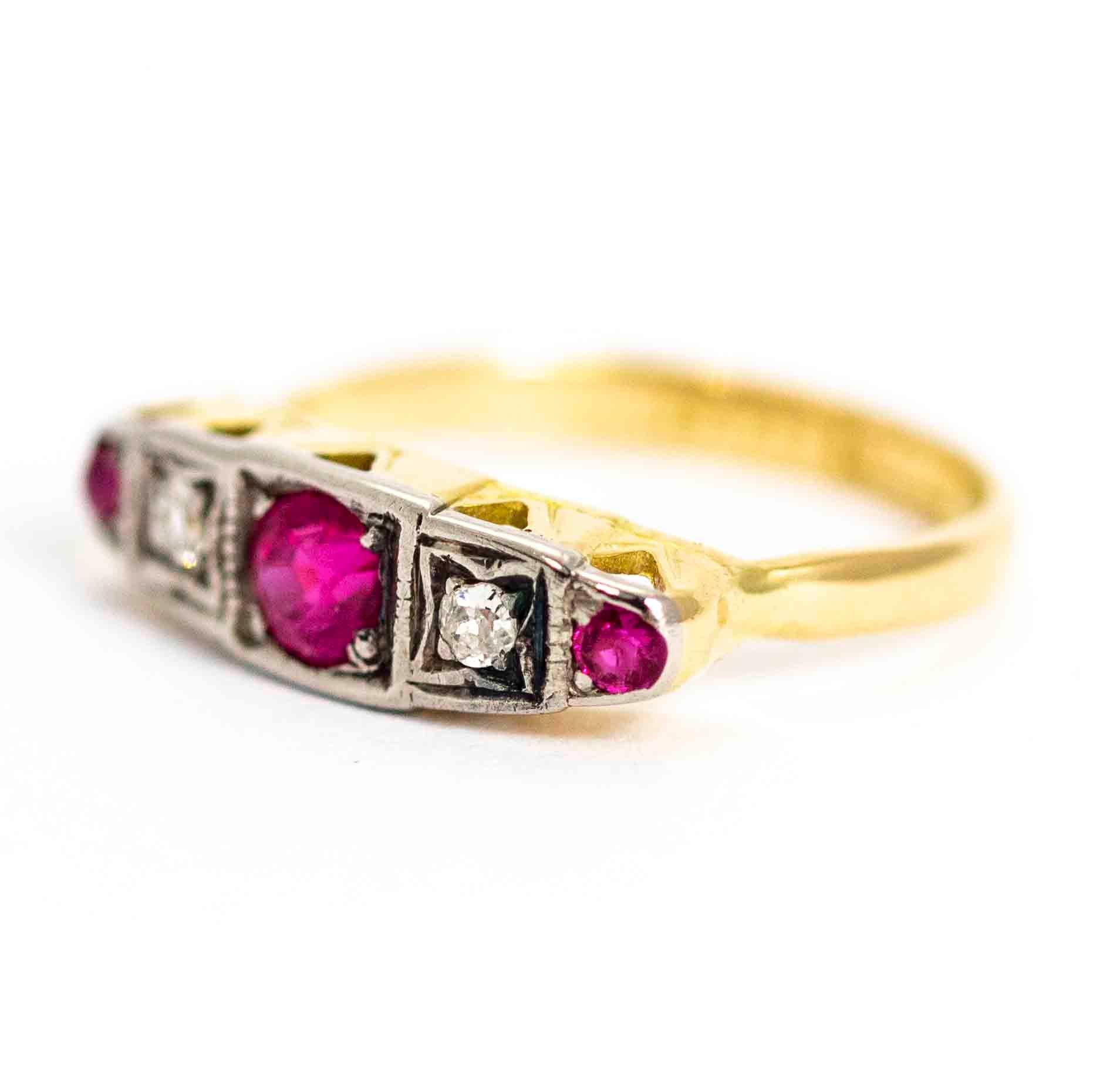 A wonderful vintage five-stone ring from the Art Deco period, circa 1920. The central ruby measures 20 points and is flanked by two beautiful 5 points diamonds. The stones are set in white gold and a stunning triangular gallery. Modelled in 18 carat