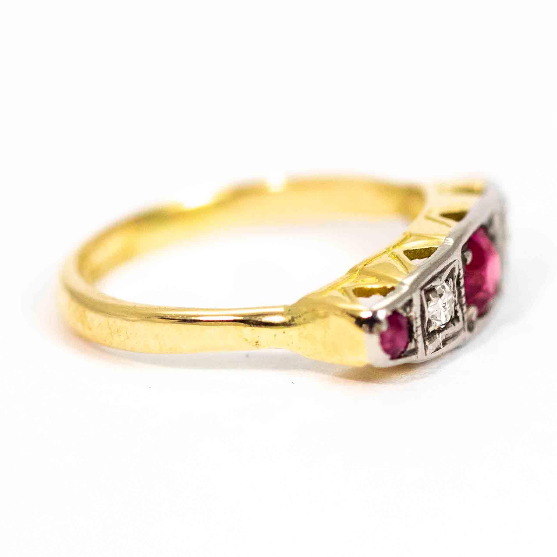Women's or Men's Art Deco 18 Carat Gold Diamond and Ruby Five-Stone Ring For Sale