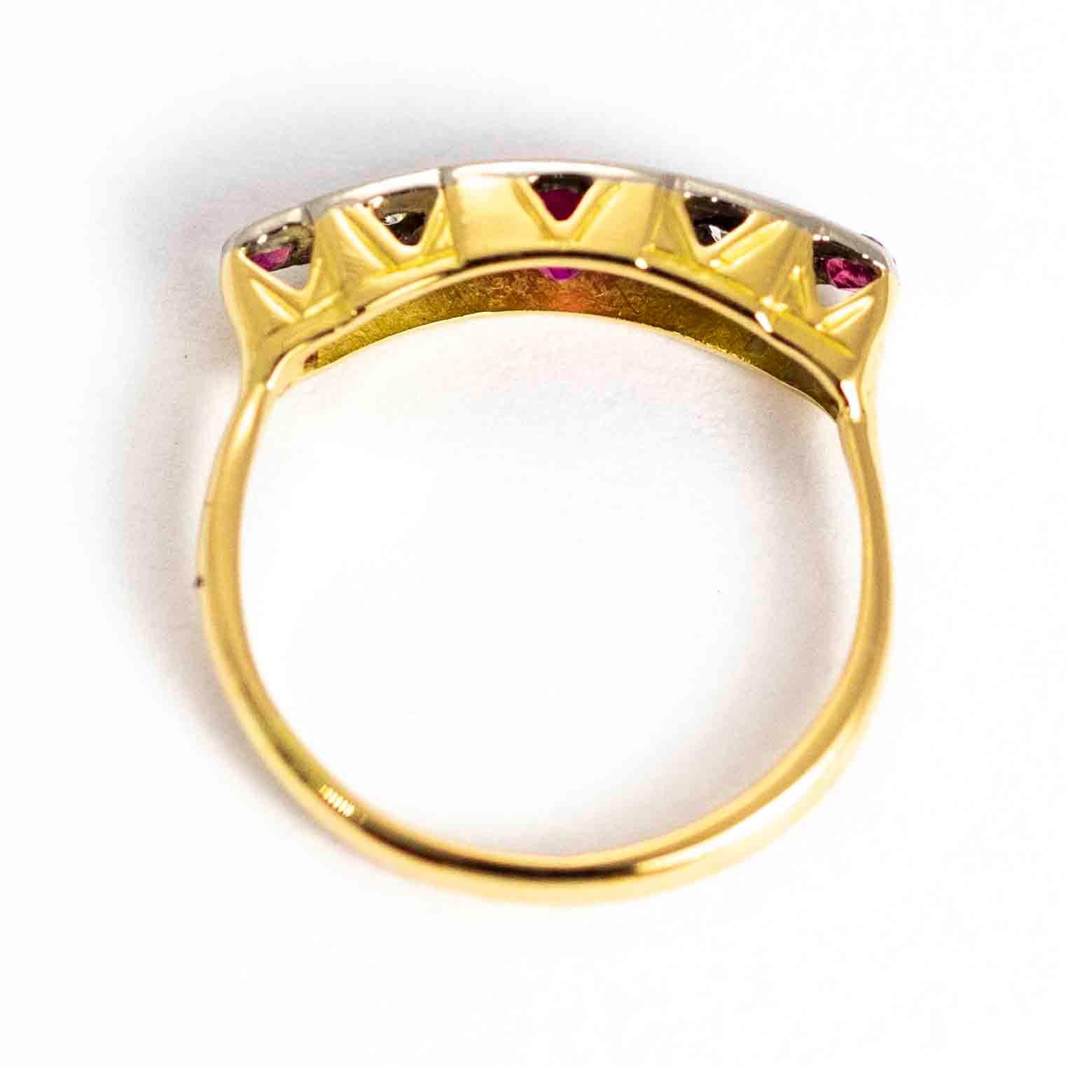 Art Deco 18 Carat Gold Diamond and Ruby Five-Stone Ring For Sale 2