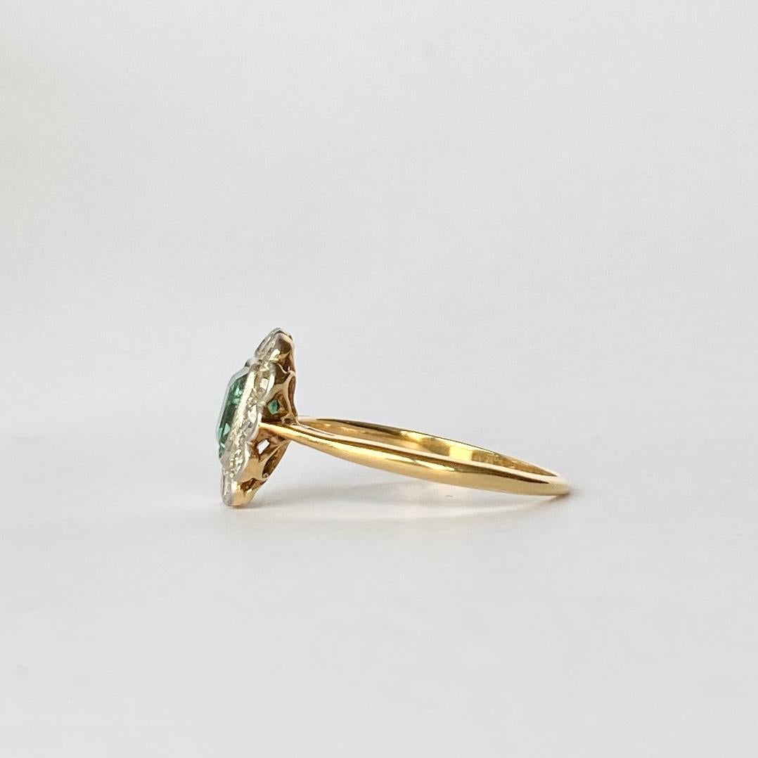 Emerald Cut Art Deco 18 Carat Gold Emerald and Diamond Cluster Ring