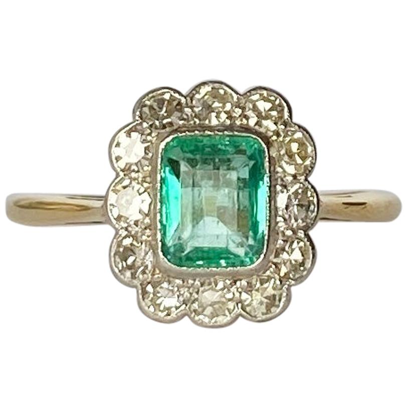Art Deco 18 Carat Gold Emerald and Diamond Cluster Ring