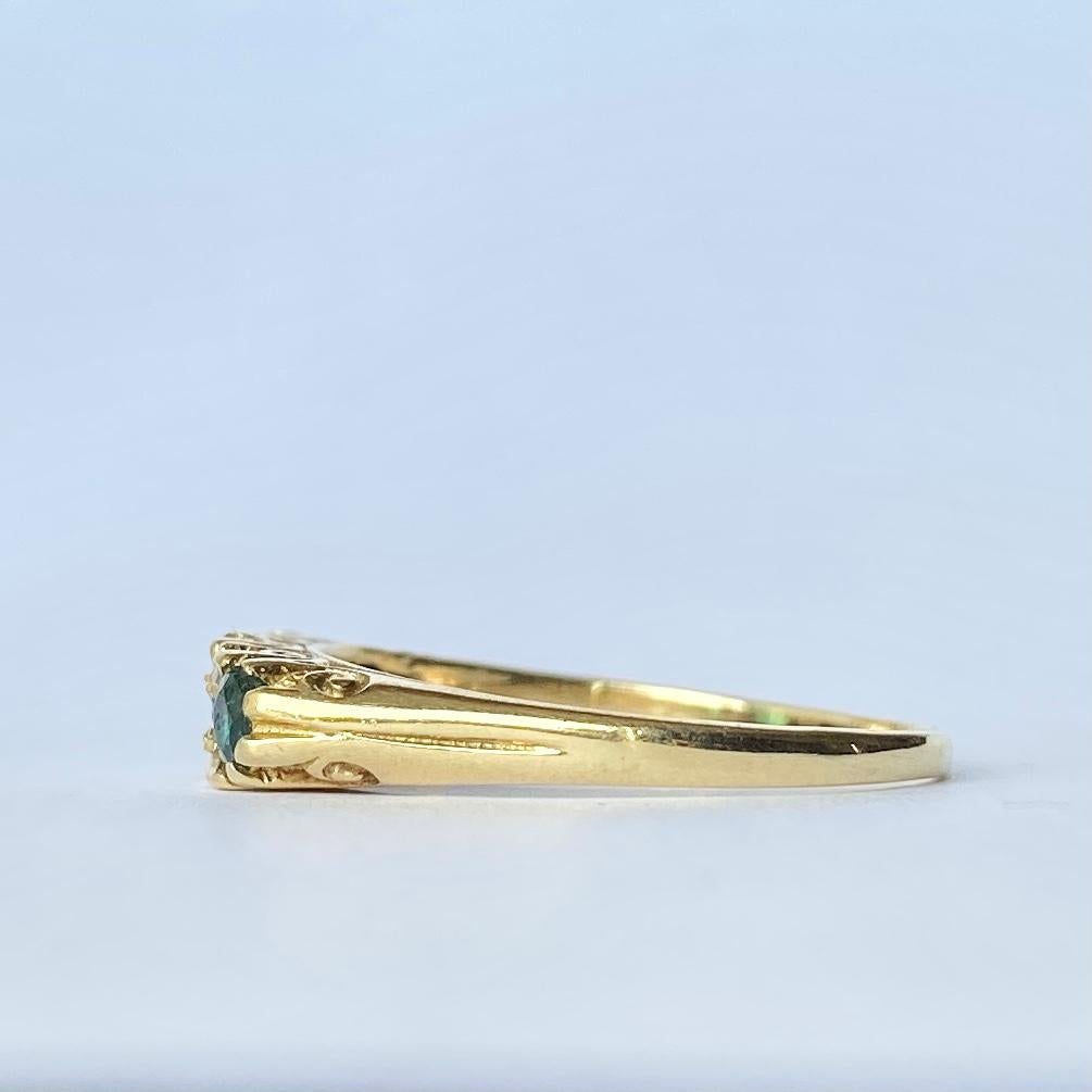 Round Cut Art Deco 18 Carat Gold Emerald and Diamond Five-Stone Ring