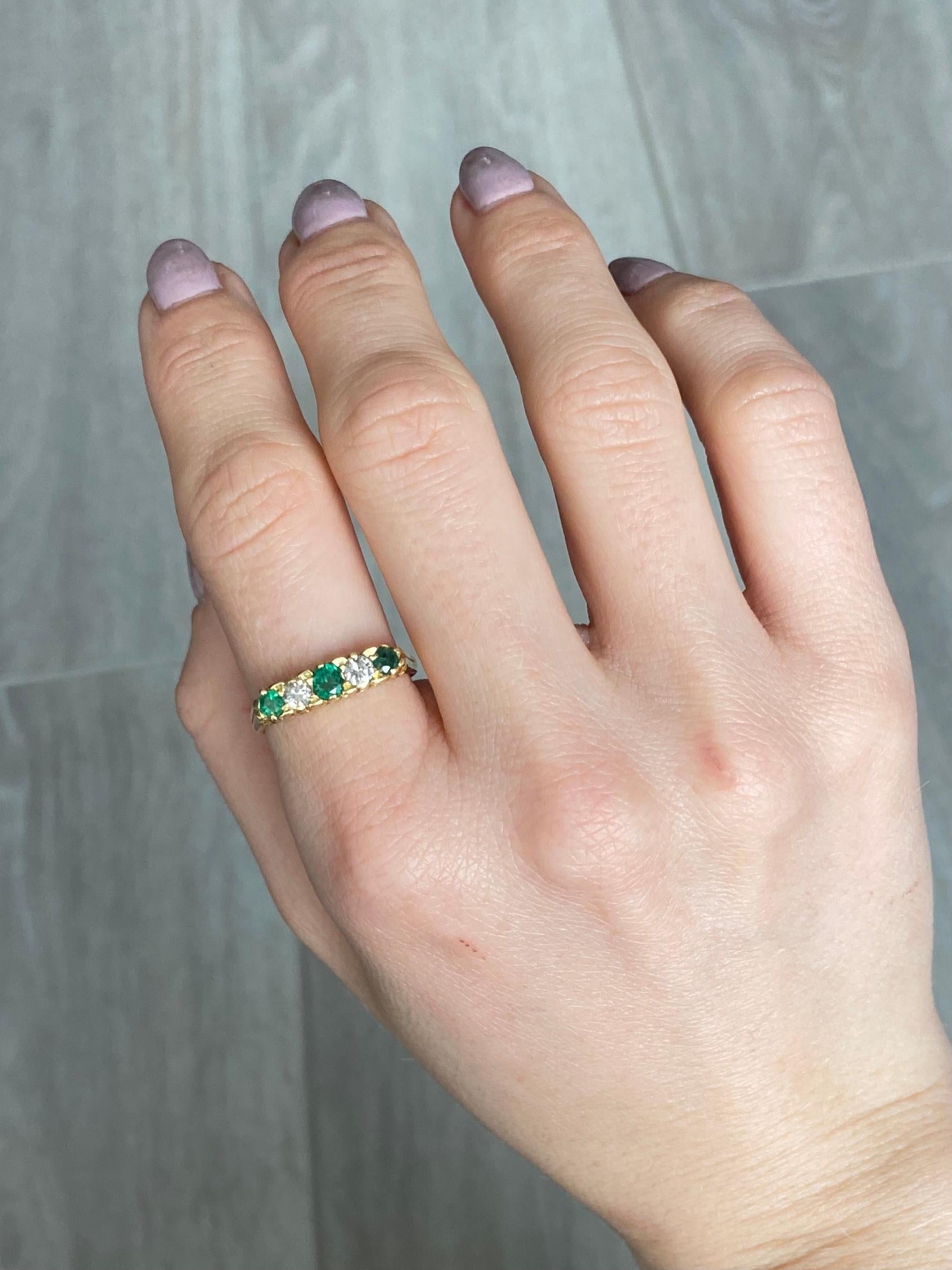 Women's Art Deco 18 Carat Gold Emerald and Diamond Five-Stone Ring