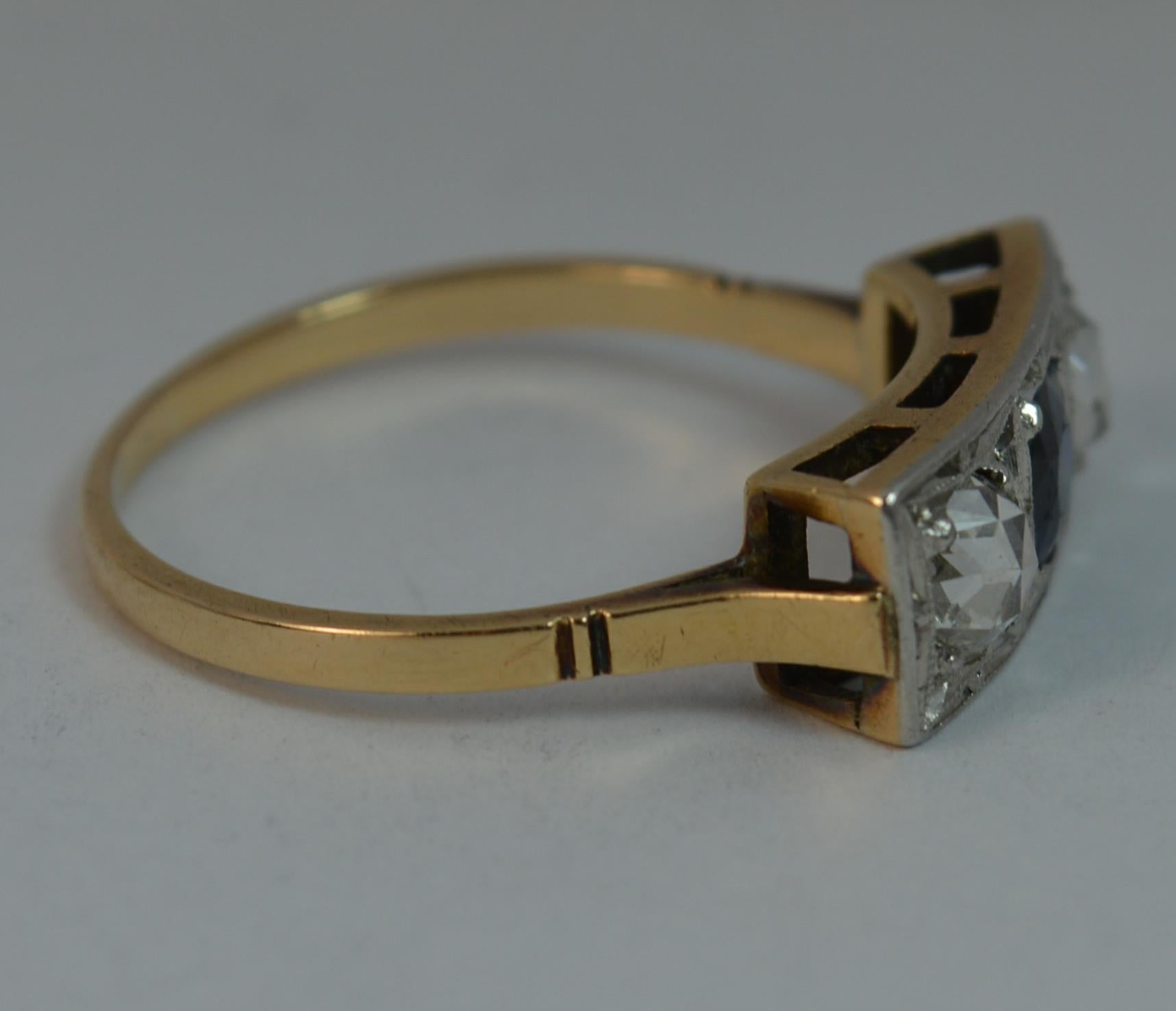 Art Deco 18 Carat Gold Platinum Sapphire and Rose Cut Diamond Trilogy Ring 5