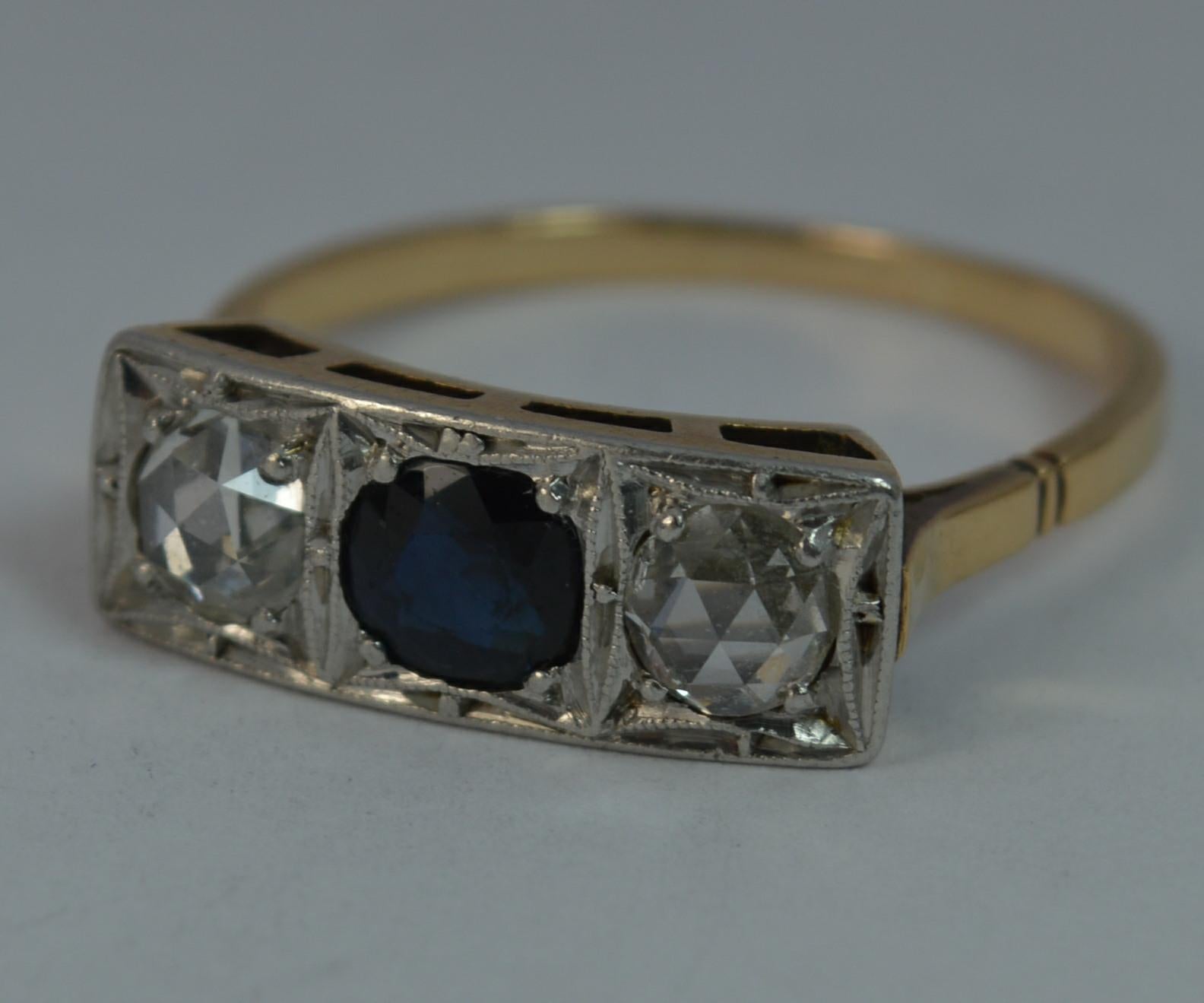 Art Deco 18 Carat Gold Platinum Sapphire and Rose Cut Diamond Trilogy Ring 6