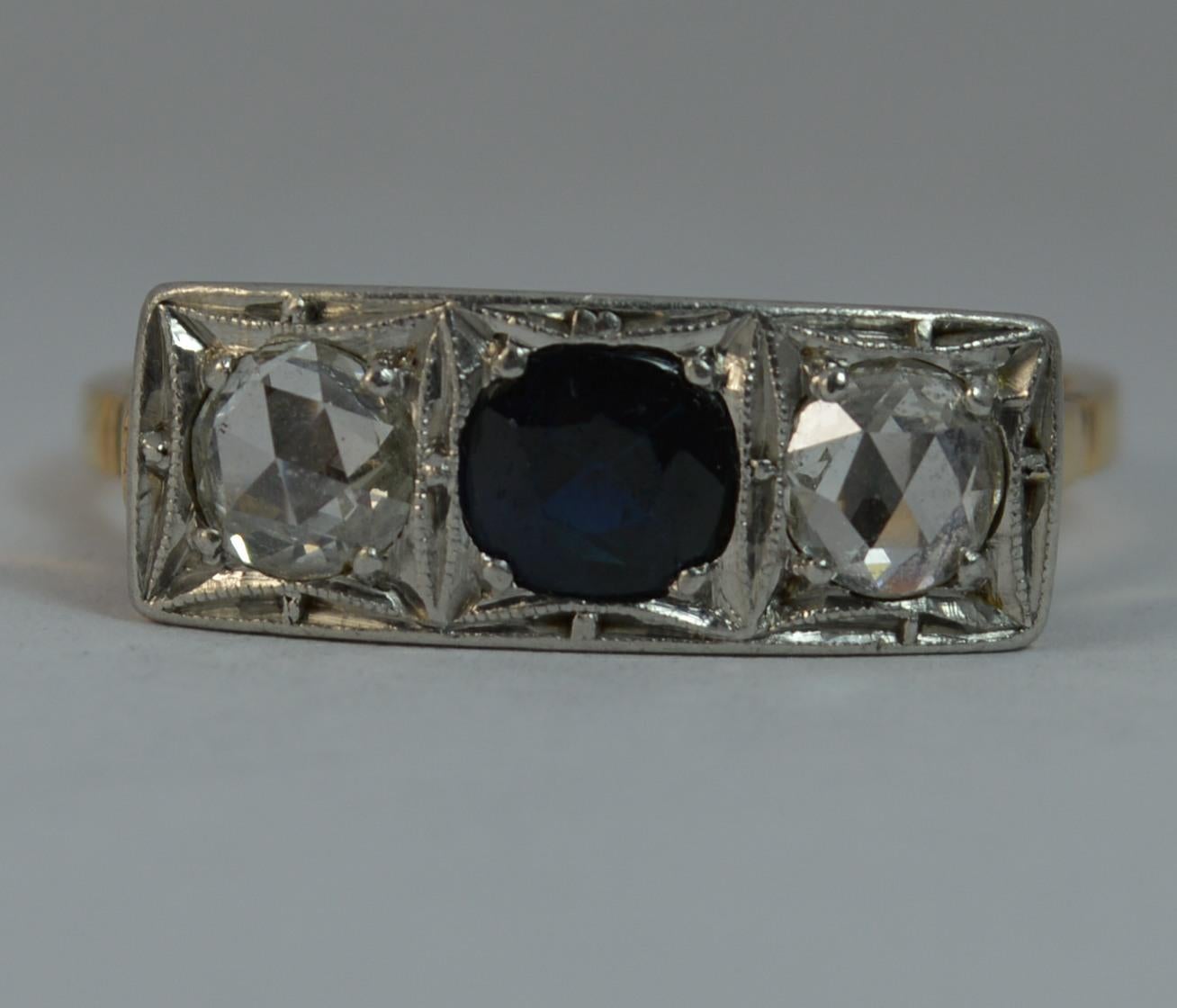Art Deco 18 Carat Gold Platinum Sapphire and Rose Cut Diamond Trilogy Ring 7