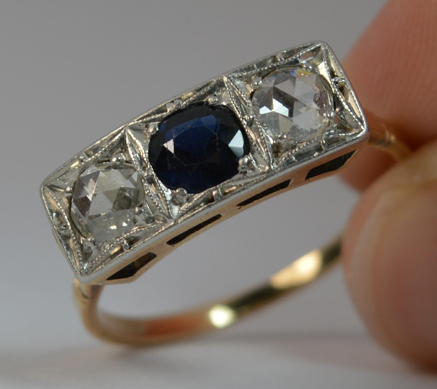 Art Deco 18 Carat Gold Platinum Sapphire and Rose Cut Diamond Trilogy Ring 8