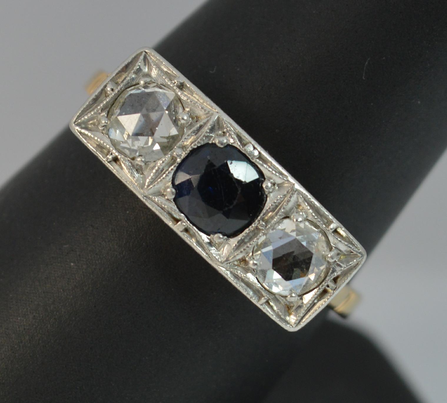 Art Deco 18 Carat Gold Platinum Sapphire and Rose Cut Diamond Trilogy Ring 9