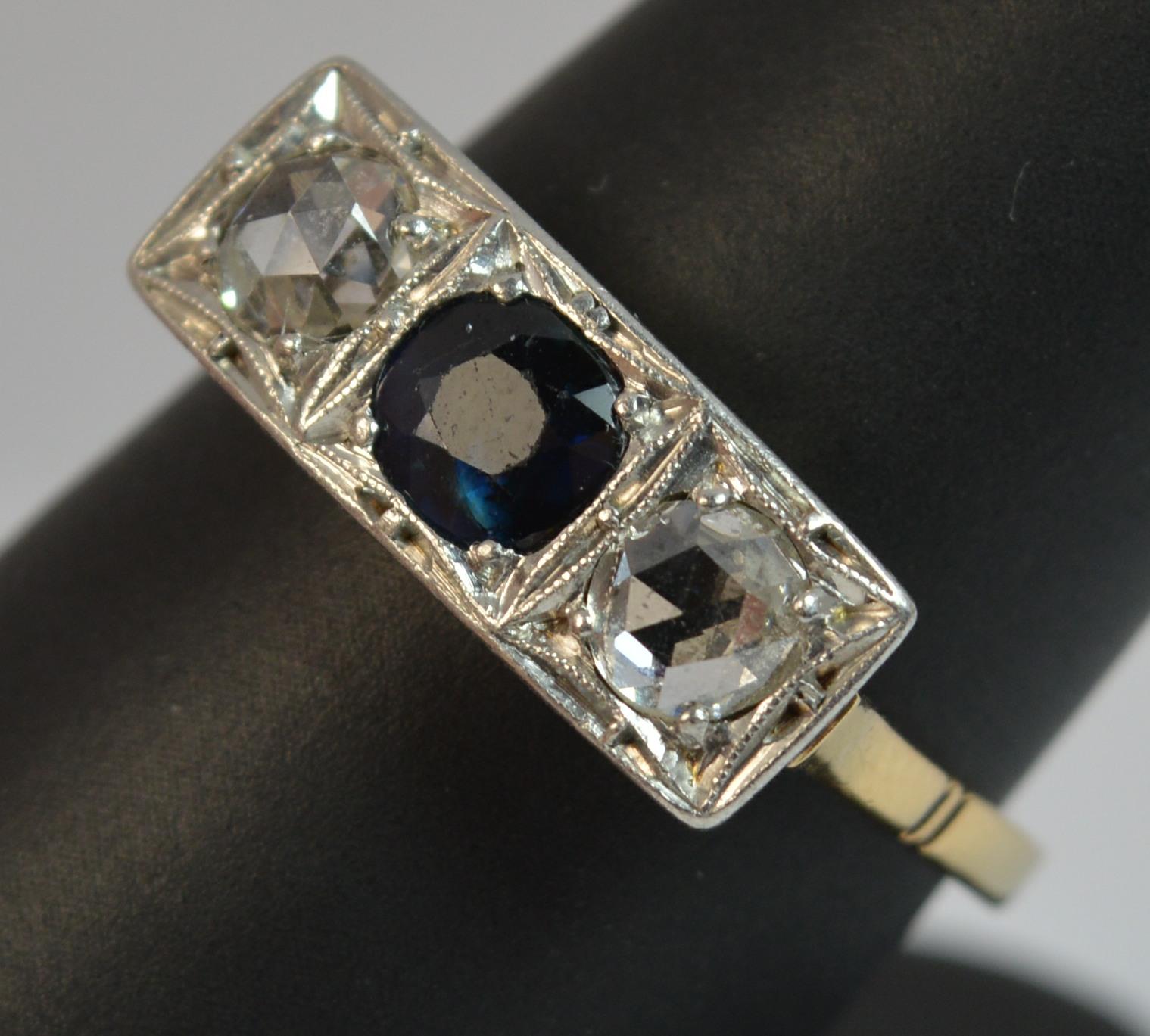 Art Deco 18 Carat Gold Platinum Sapphire and Rose Cut Diamond Trilogy Ring 10
