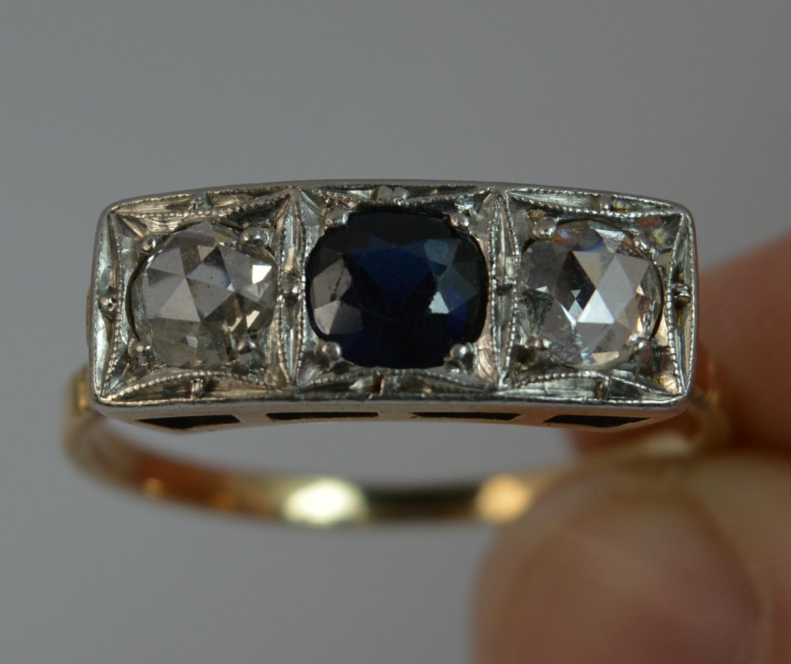 Women's Art Deco 18 Carat Gold Platinum Sapphire and Rose Cut Diamond Trilogy Ring