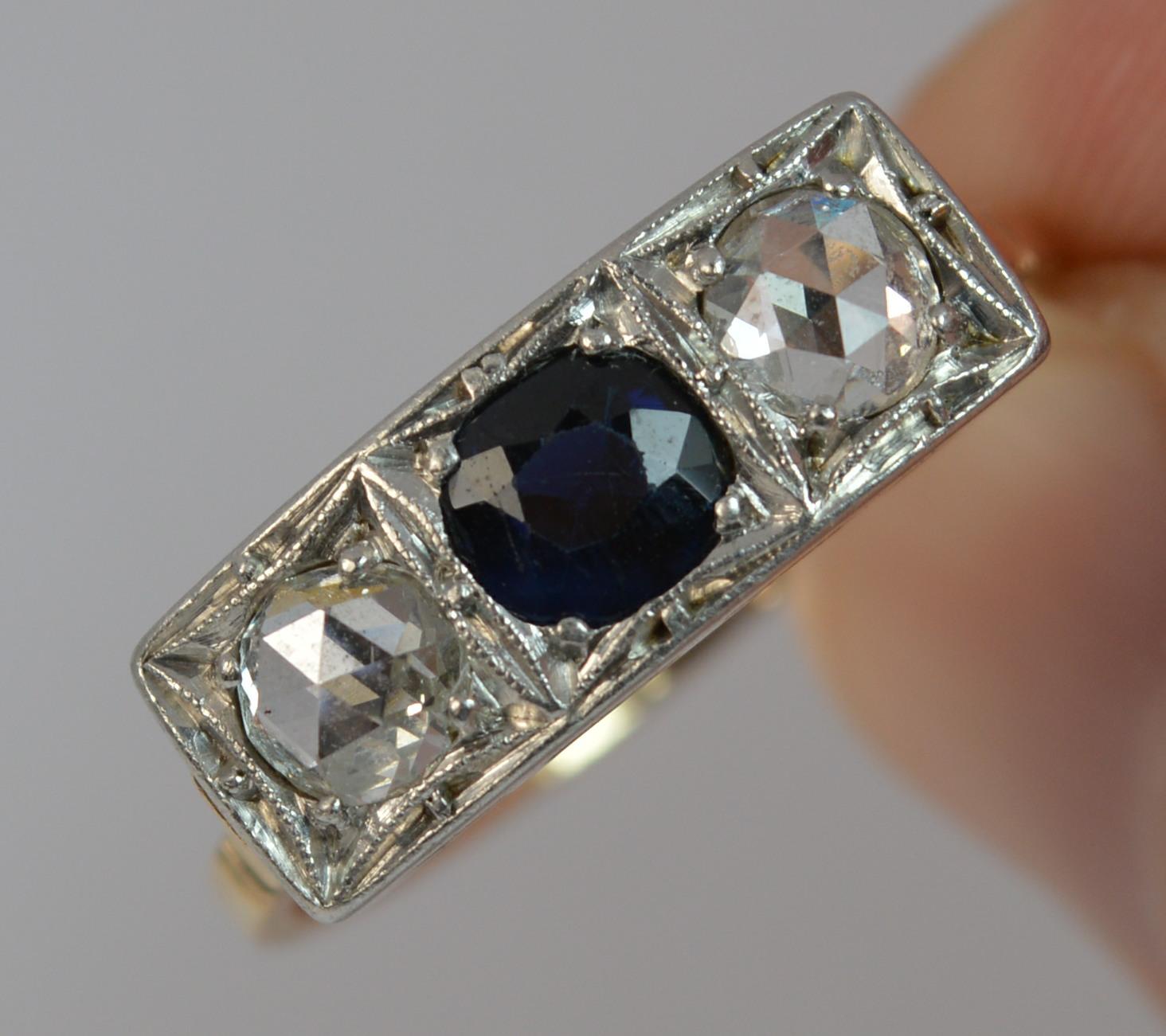Art Deco 18 Carat Gold Platinum Sapphire and Rose Cut Diamond Trilogy Ring 1