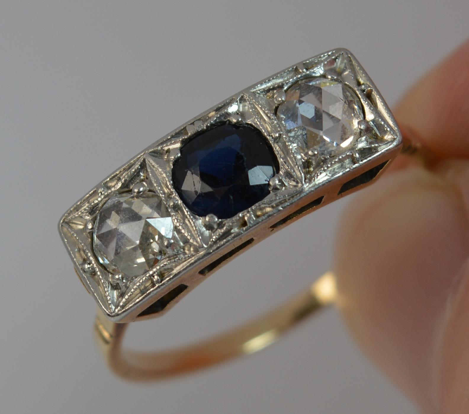 Art Deco 18 Carat Gold Platinum Sapphire and Rose Cut Diamond Trilogy Ring 2