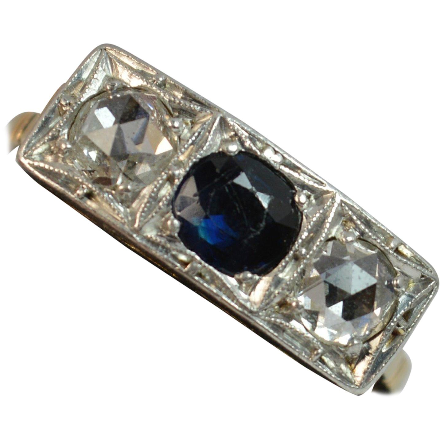 Art Deco 18 Carat Gold Platinum Sapphire and Rose Cut Diamond Trilogy Ring