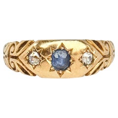 Antique Art Deco 18 Carat Gold Sapphire and Diamond Three Stone Star Setting Ring