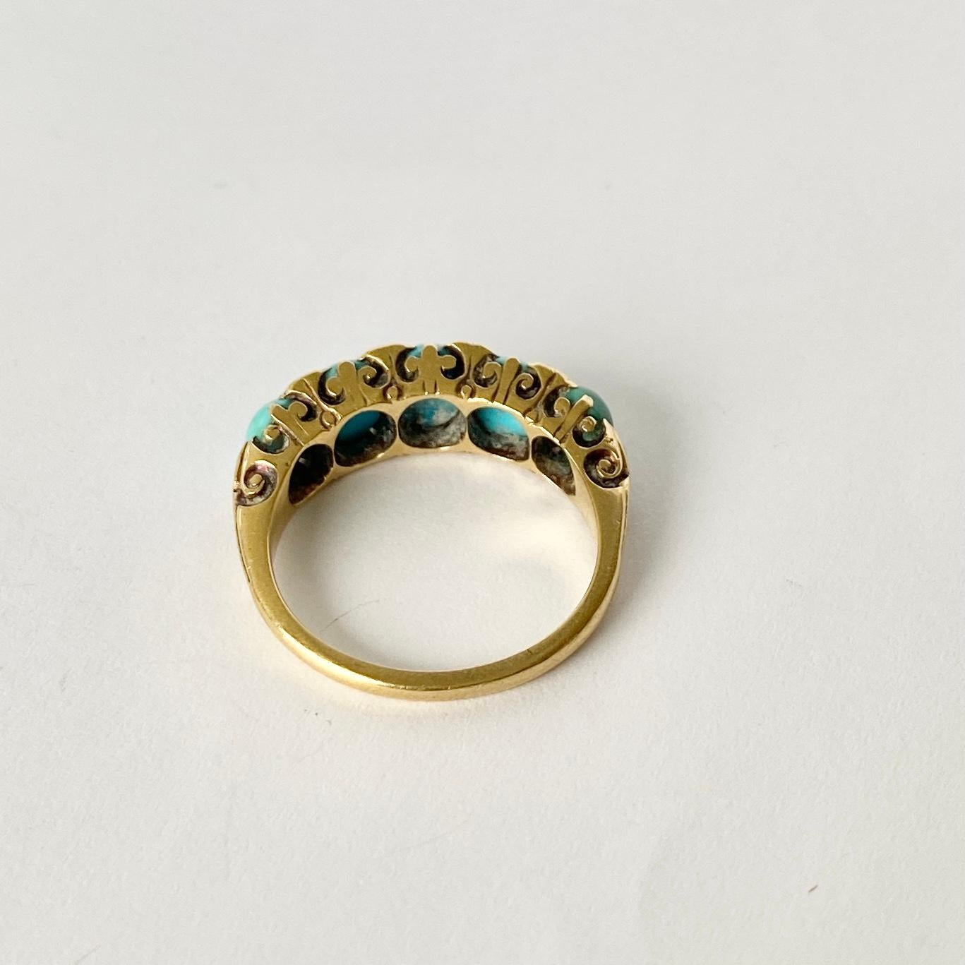 Round Cut Art Deco 18 Carat Gold Turquoise and Diamond Five-Stone Ring
