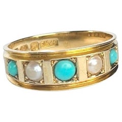 Art Deco 18 Carat Gold Turquoise and Pearl Five-Stone Ring