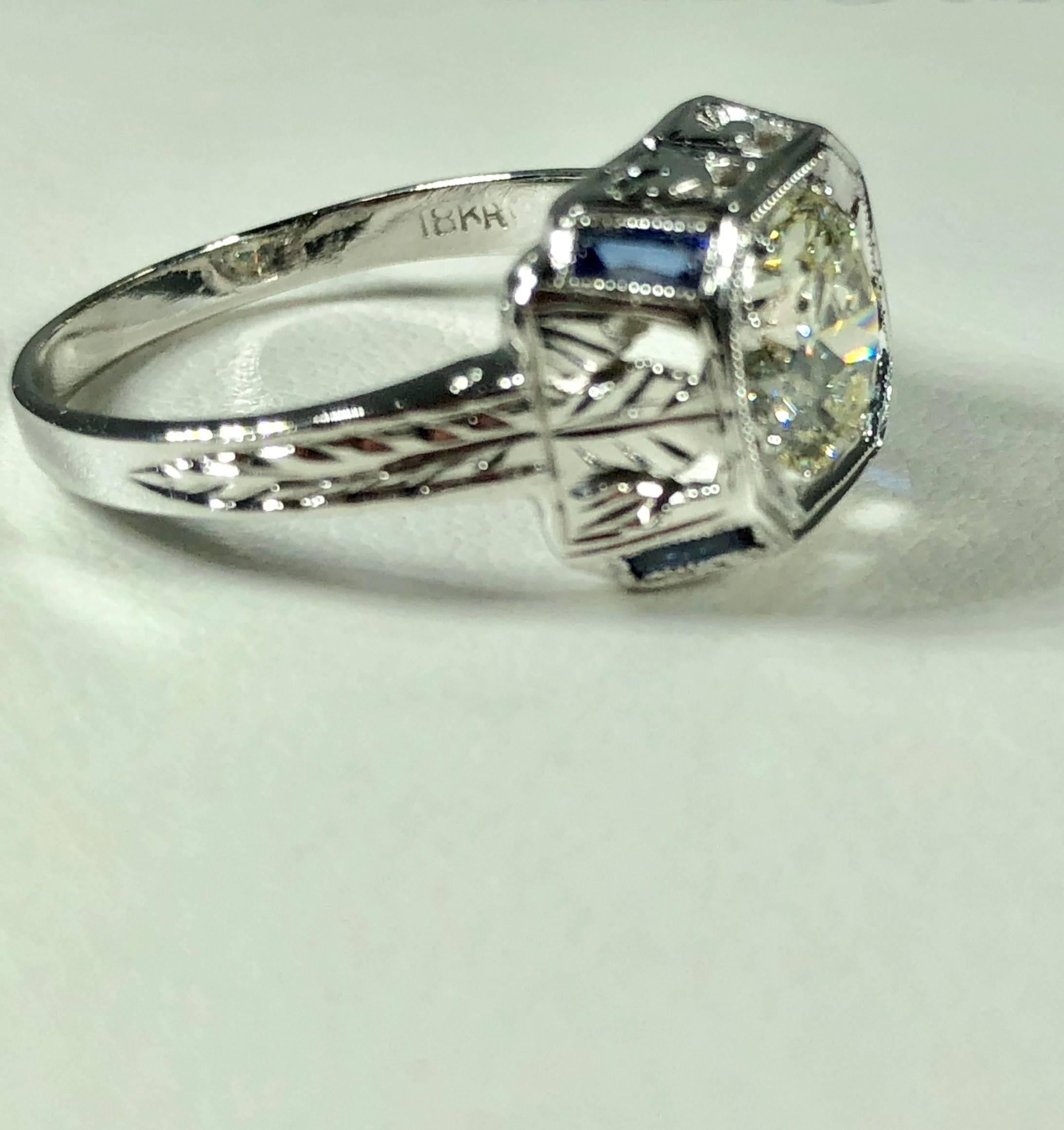 Art Deco 18 Karat 1.40 Carat European Cut Diamond and Sapphire Engagement Ring 5