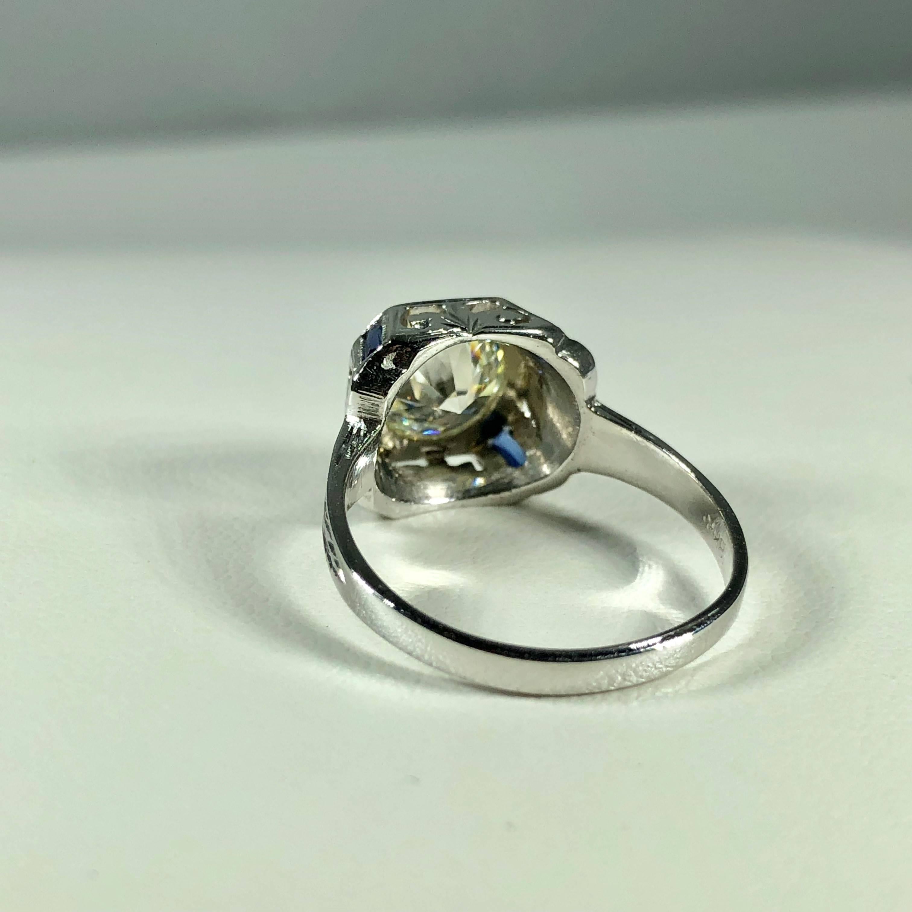 Art Deco 18 Karat 1.40 Carat European Cut Diamond and Sapphire Engagement Ring 7