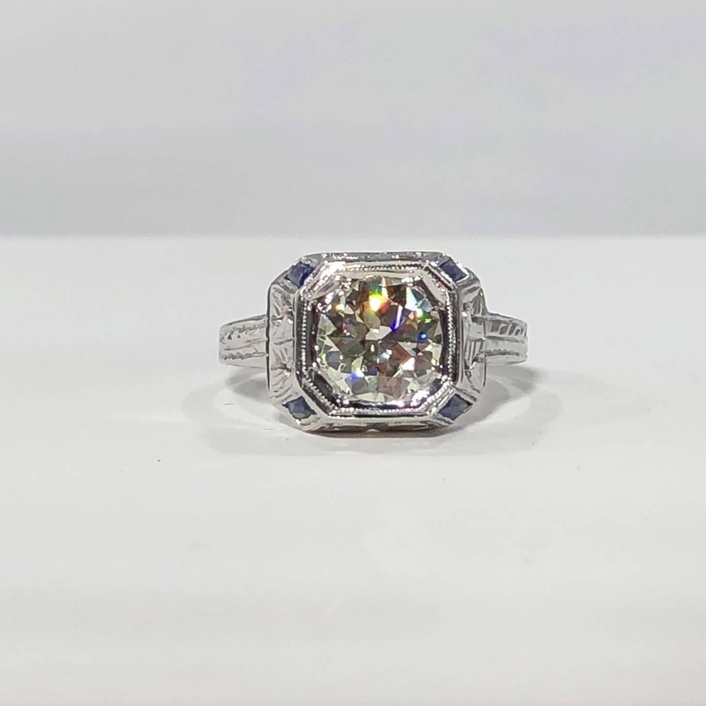 Art Deco 18 Karat 1.40 Carat European Cut Diamond and Sapphire Engagement Ring 12