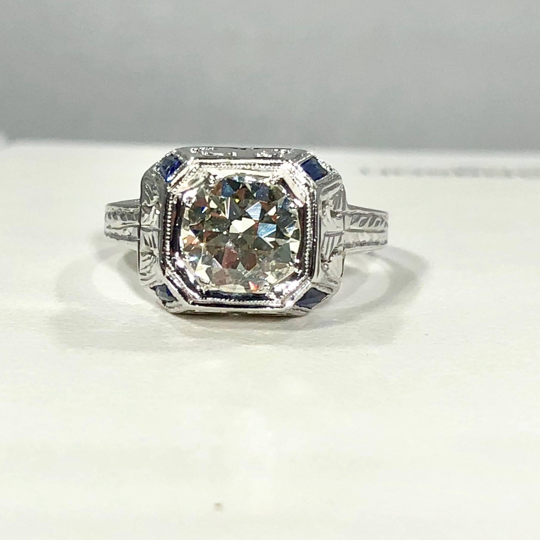 Art Deco 18 Karat 1.40 Carat European Cut Diamond and Sapphire Engagement Ring 13