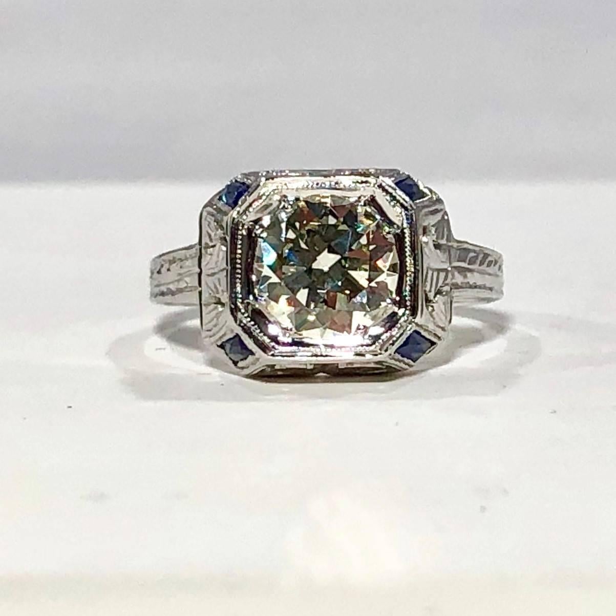 Old European Cut Art Deco 18 Karat 1.40 Carat European Cut Diamond and Sapphire Engagement Ring