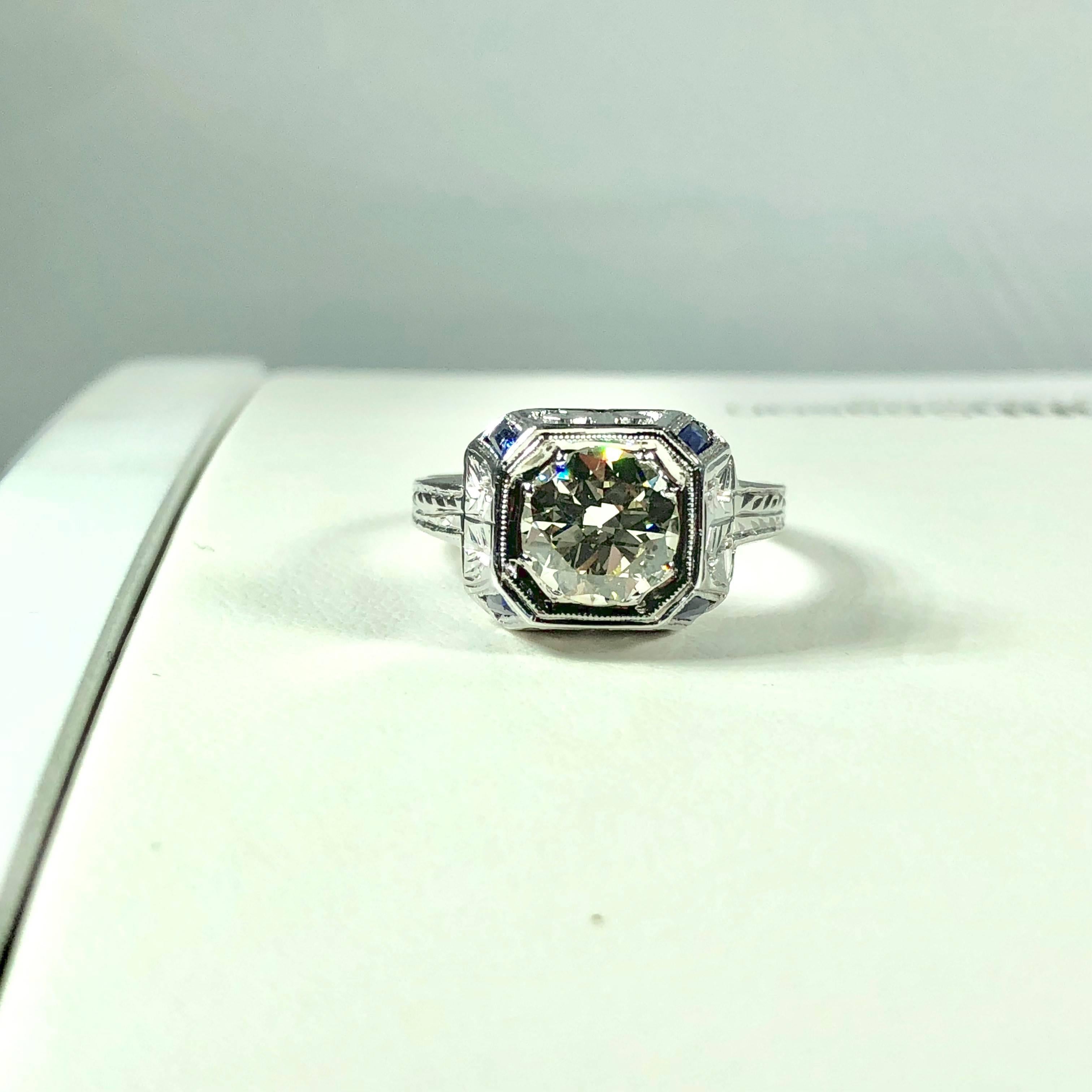 Art Deco 18 Karat 1.40 Carat European Cut Diamond and Sapphire Engagement Ring In Excellent Condition In Mansfield, OH