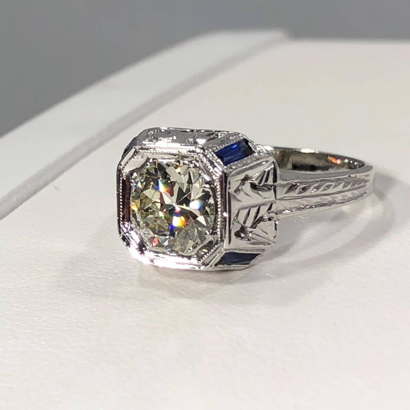 Art Deco 18 Karat 1.40 Carat European Cut Diamond and Sapphire Engagement Ring 1