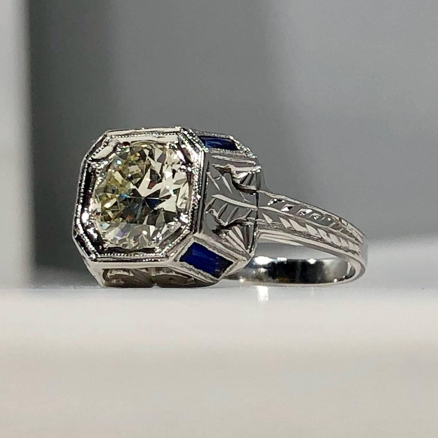 Art Deco 18 Karat 1.40 Carat European Cut Diamond and Sapphire Engagement Ring 2