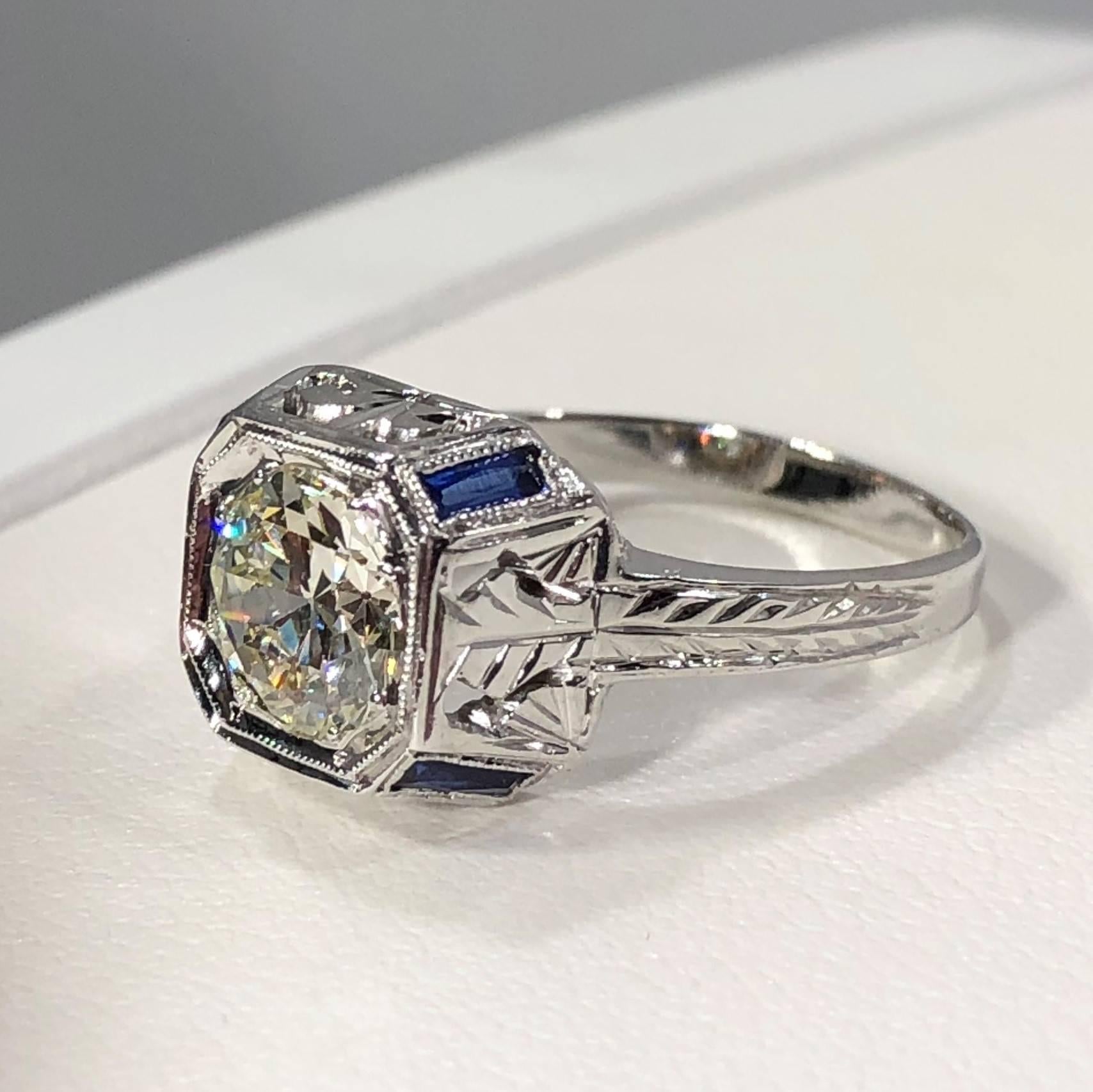 Art Deco 18 Karat 1.40 Carat European Cut Diamond and Sapphire Engagement Ring 3