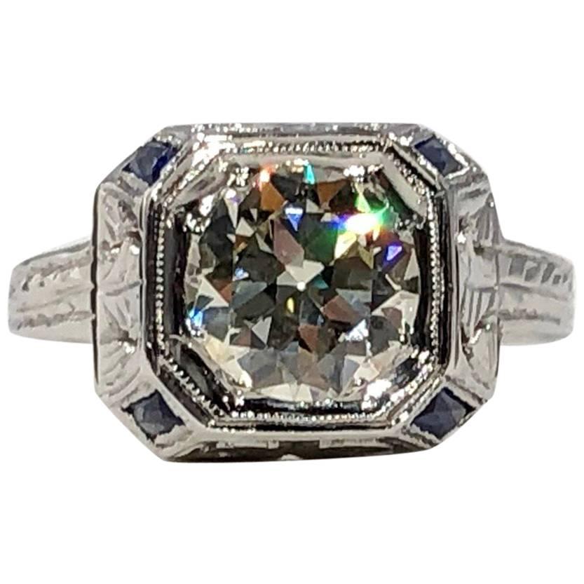 Art Deco 18 Karat 1.40 Carat European Cut Diamond and Sapphire Engagement Ring