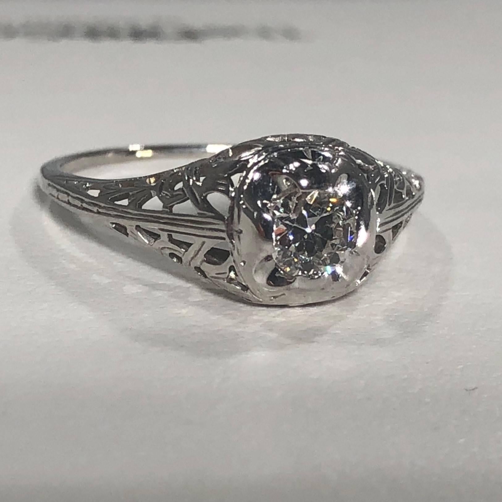 Women's Art Deco 18 Karat .29 Carat Old European Cut Diamond Solitaire Engagement Ring