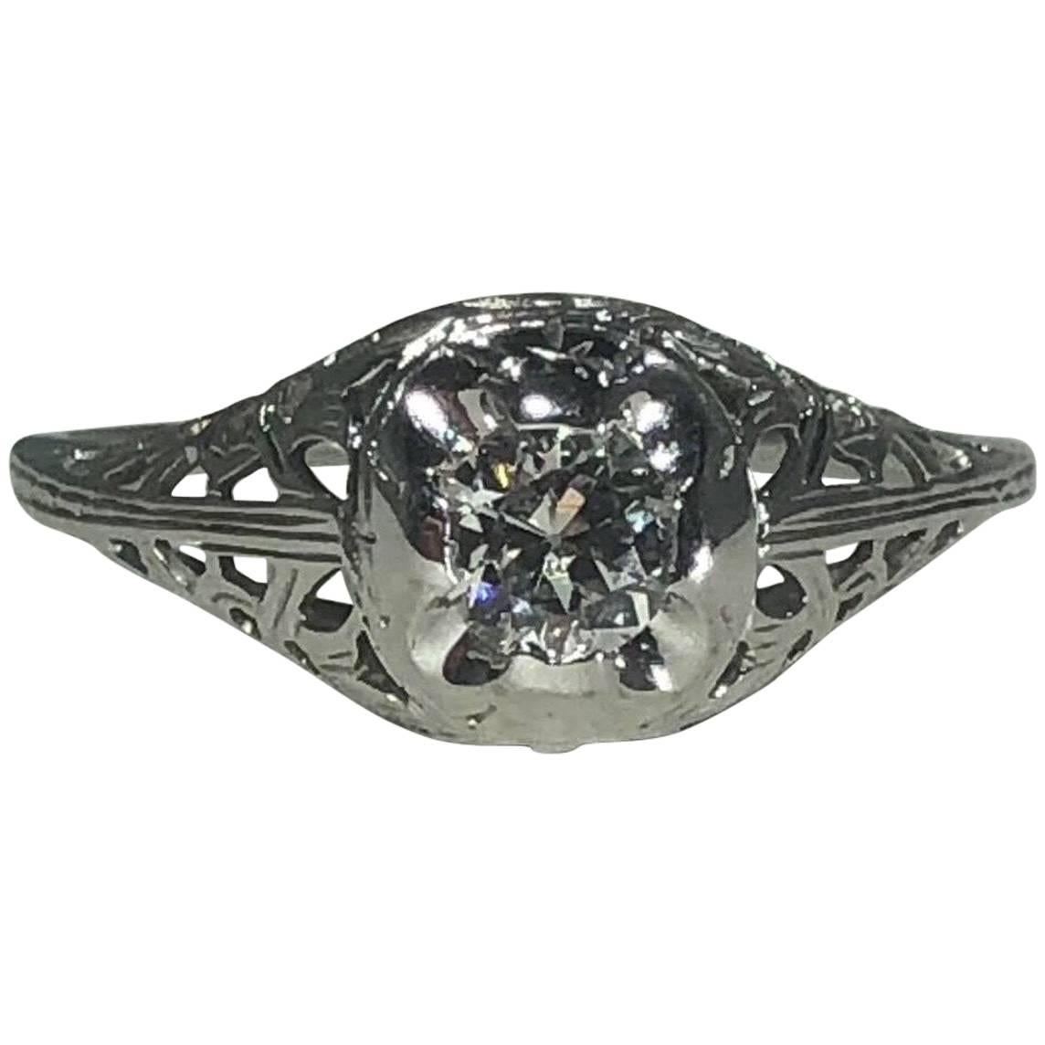 Art Deco 18 Karat .29 Carat Old European Cut Diamond Solitaire Engagement Ring
