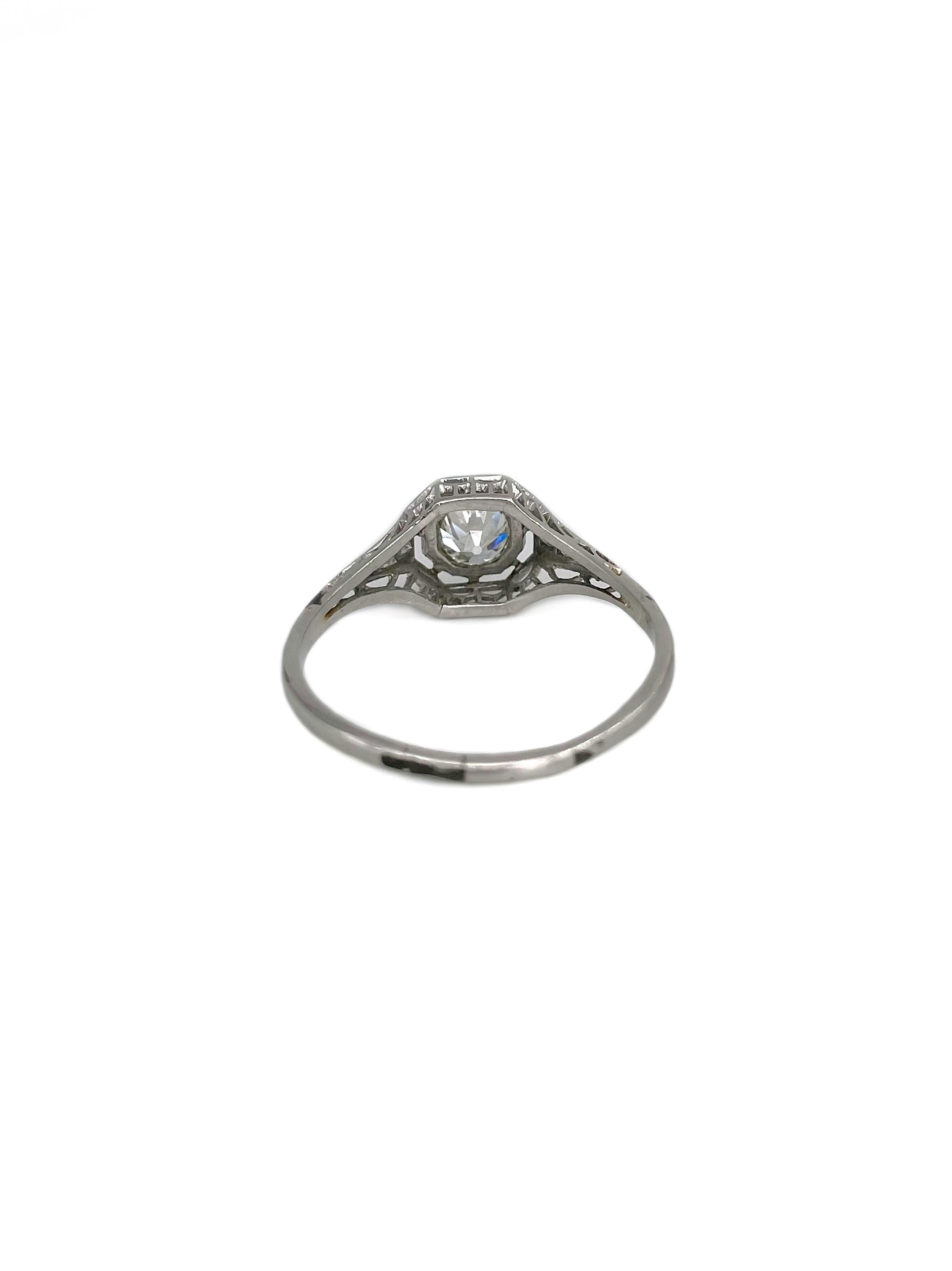 Art Deco 18 Karat Gold ~0,63 Karat Alt-Europäischer Schliff Diamant Solitär Ring im Zustand „Gut“ im Angebot in Vilnius, Vilniaus apskr.