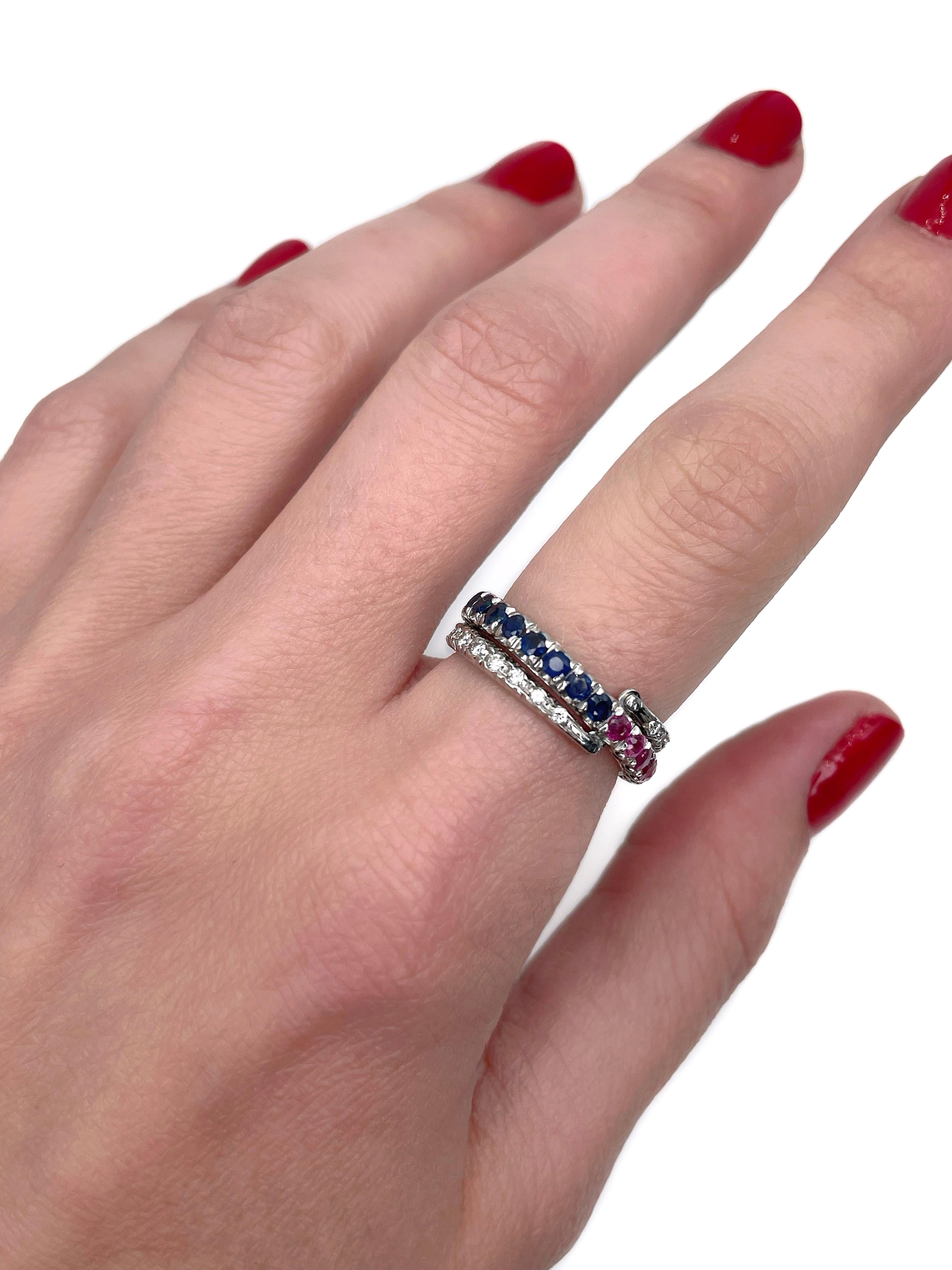 Mixed Cut Art Deco 18 Karat Gold 0.8 Carat Ruby 0.8 Carat Sapphire Diamond Flip Over Ring For Sale