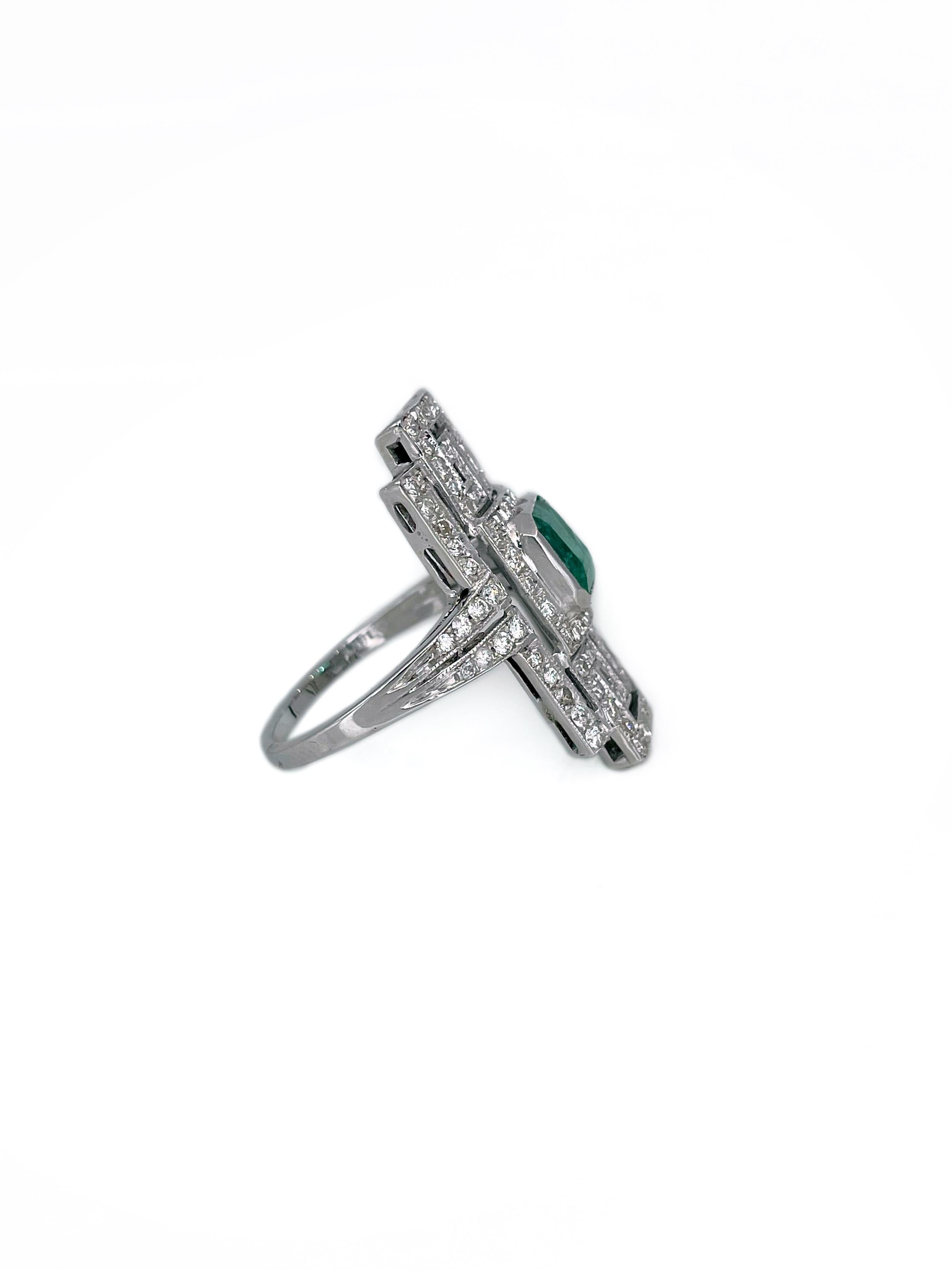 Art Deco 18 Karat Gold 1.20 Carat Emerald 0.63 Carat Diamond Cocktail Ring In Good Condition In Vilnius, Vilniaus apskr.