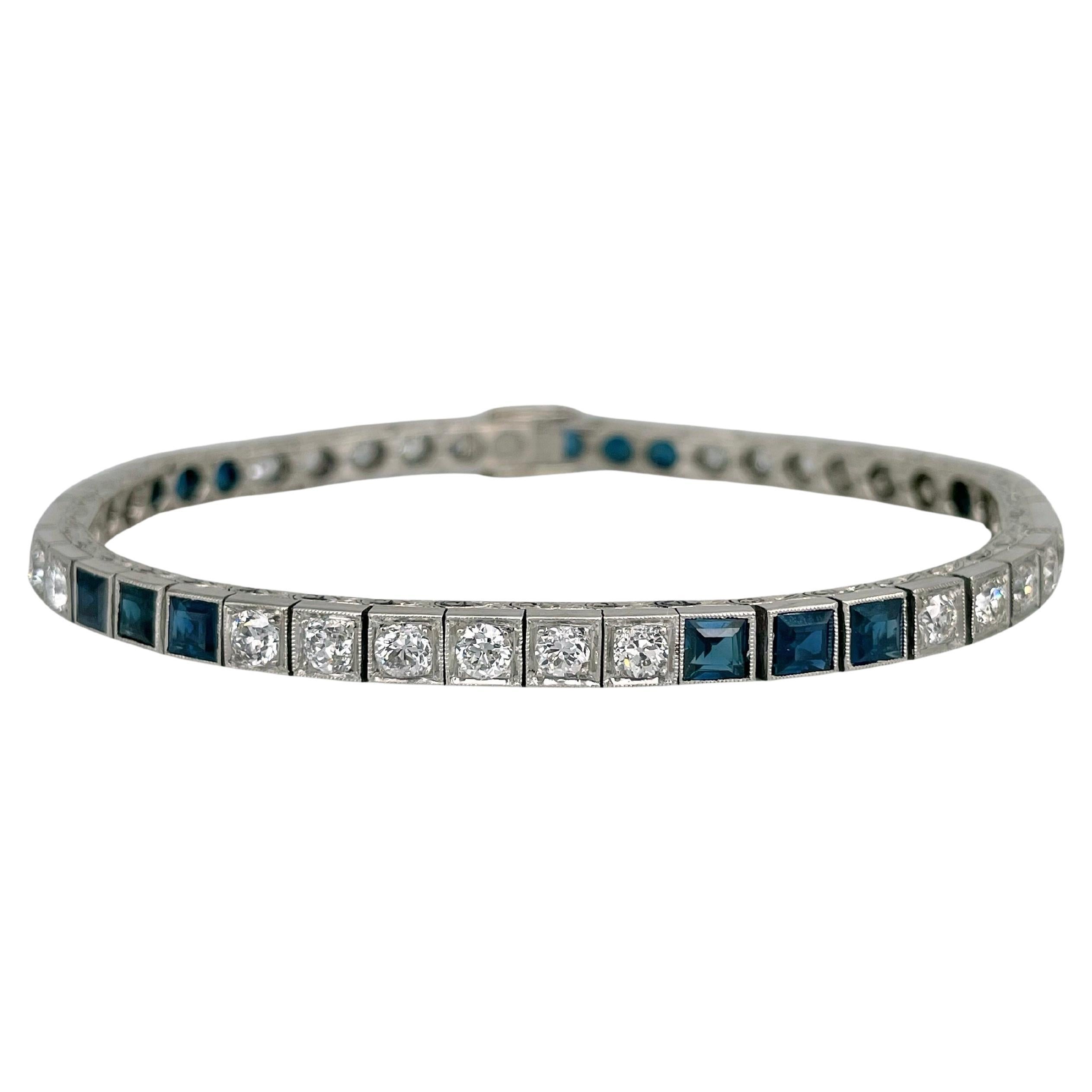 Bracelet de tennis Art Déco en or 18 carats saphir 3,80 carats diamant 3,00 carats