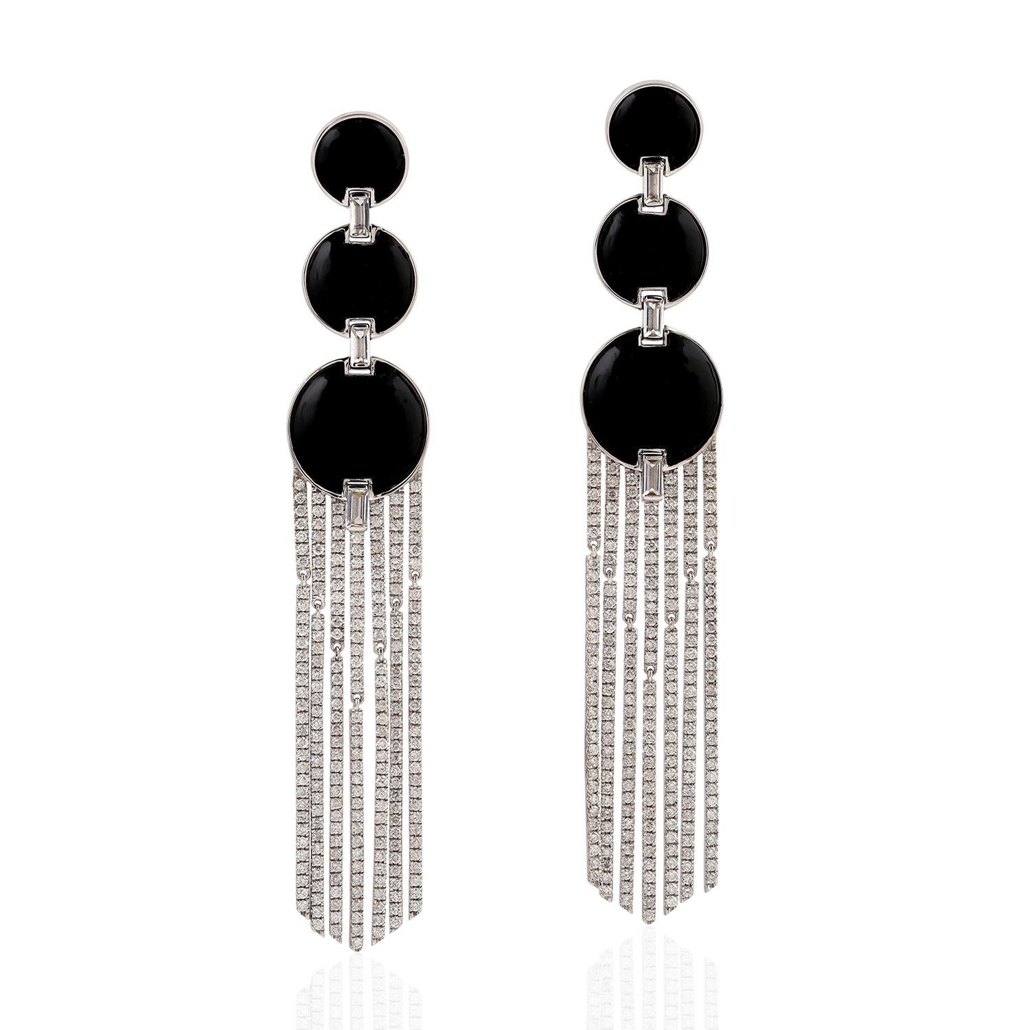 Taglio rotondo Orecchini a catena con diamanti in stile Art Deco in oro 14 carati con onice nero in vendita
