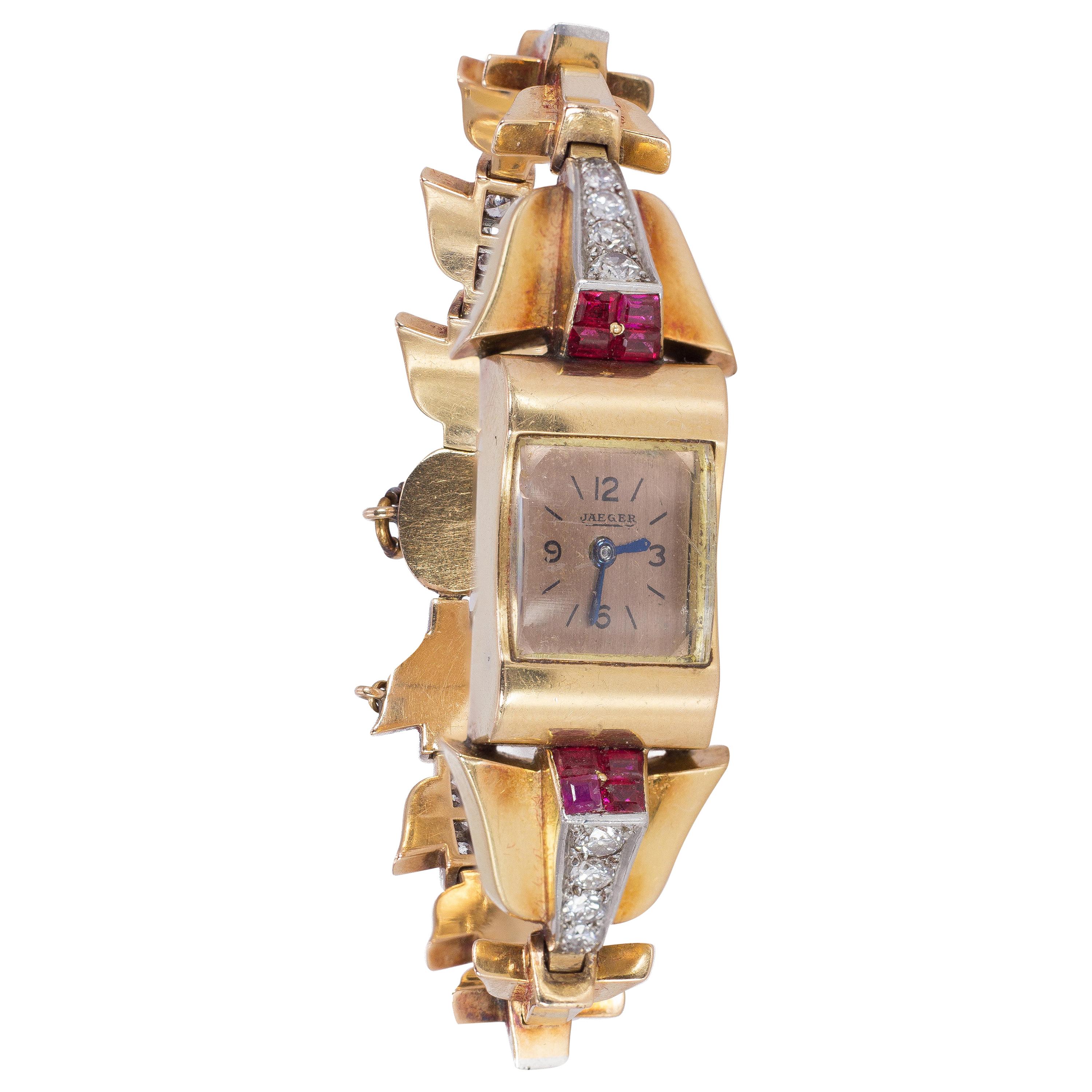 Art Deco 18 Karat Gold, Diamond and Ruby Lady Jaeger Wristwatch, 1930s For Sale