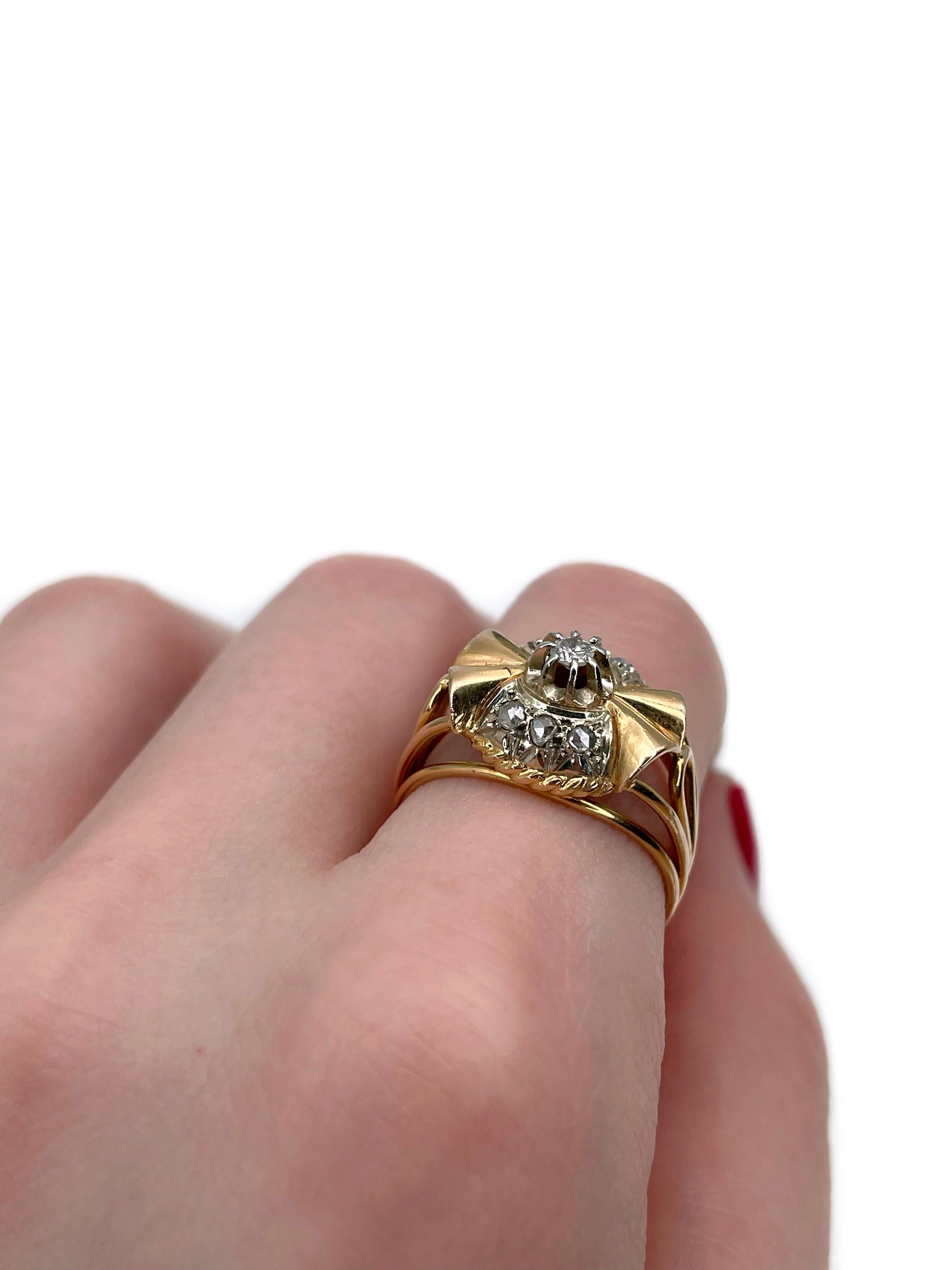 Mixed Cut Art Deco 18 Karat Gold Diamond Bow Shape Cocktail Ring For Sale