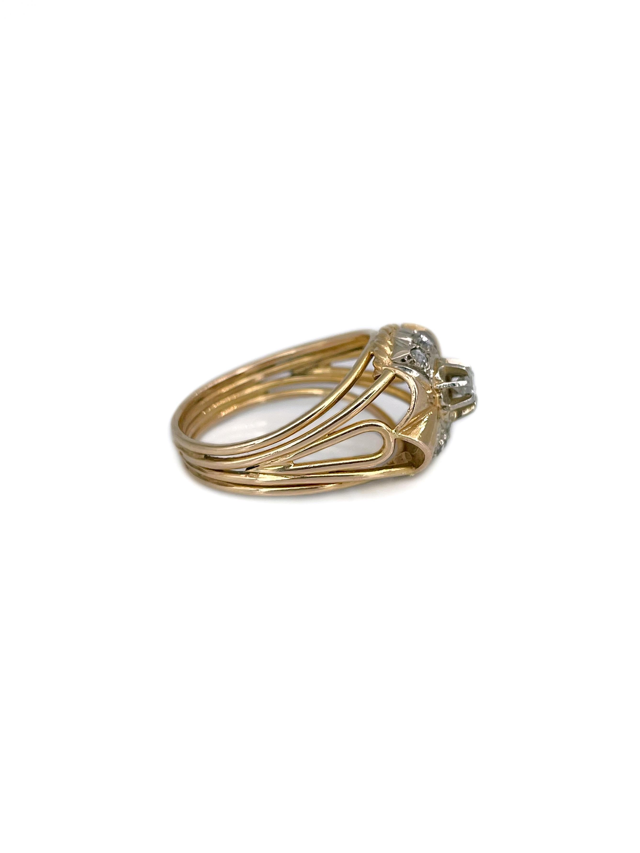 Art Deco 18 Karat Gold Diamond Bow Shape Cocktail Ring In Good Condition For Sale In Vilnius, Vilniaus apskr.